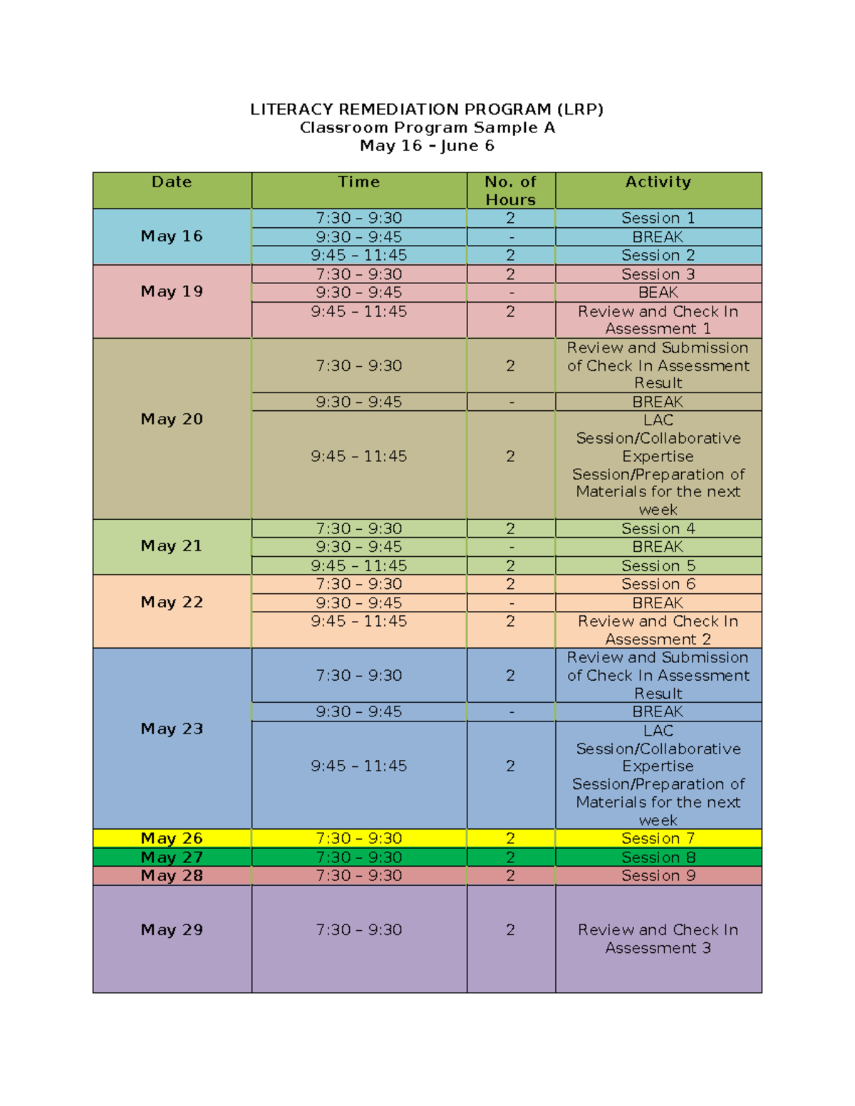 LRP Classroom Program Sample: Schedule & Activities Overview - Studocu