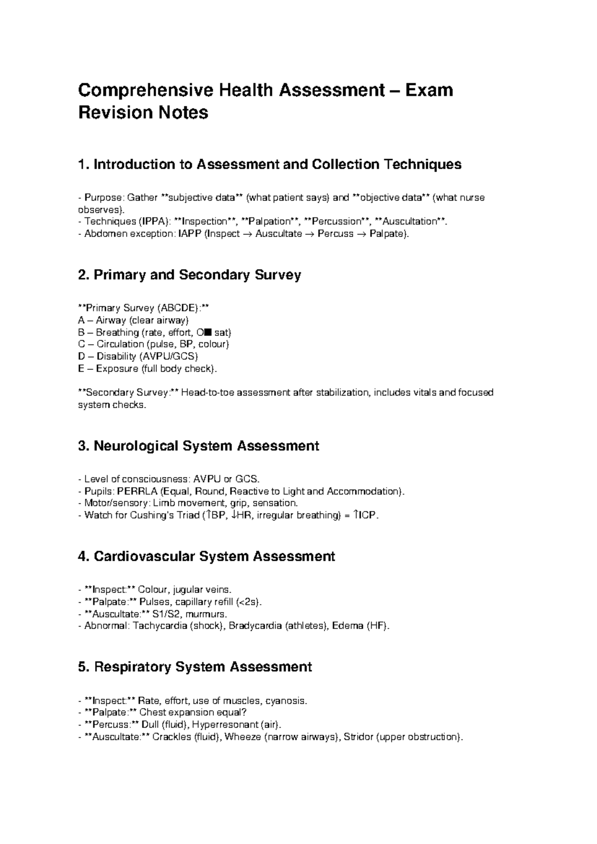 Health Assessment Exam Revision Notes (HSC 101) - Studocu