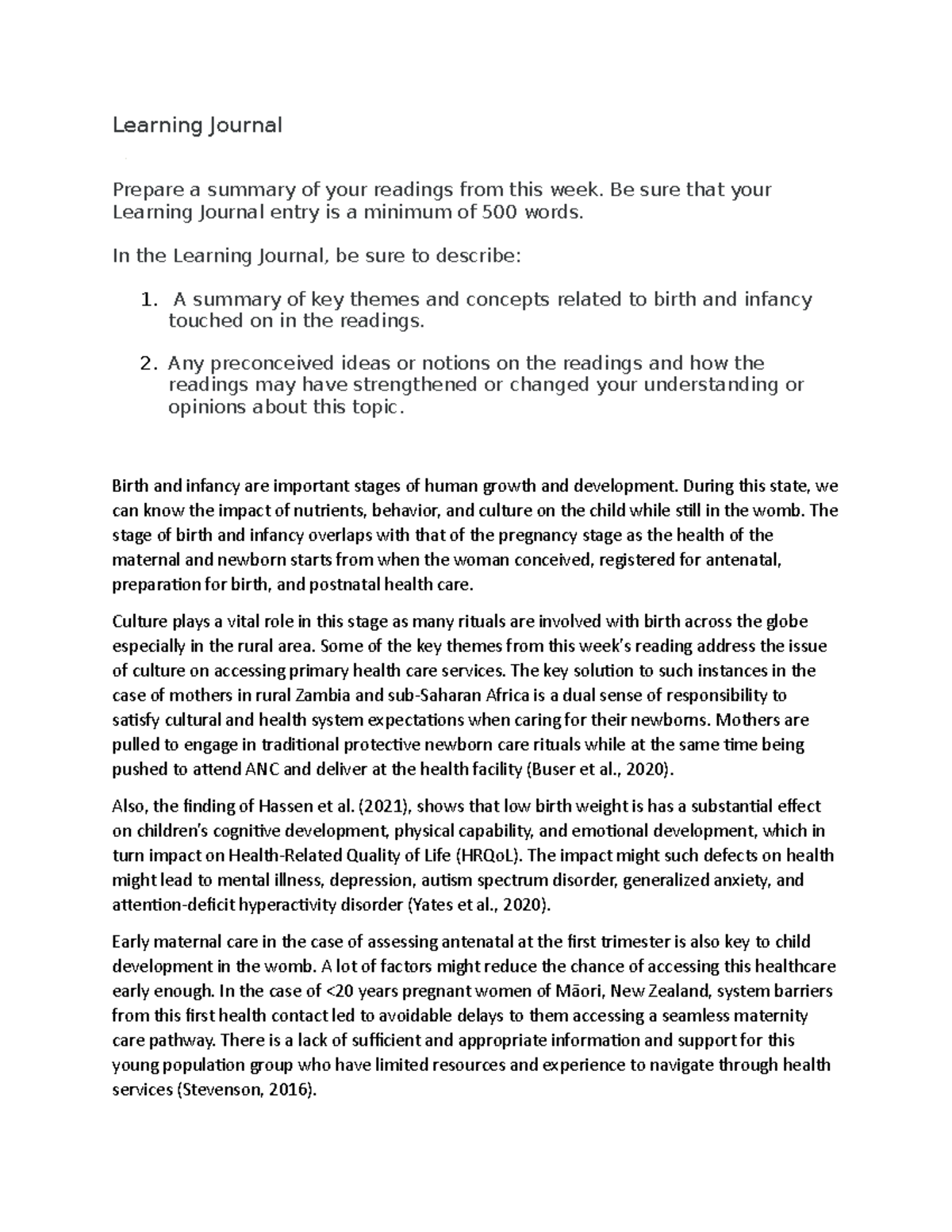 LJ 2 - Weekly Learning Journal on Birth and Infancy Themes - Studocu