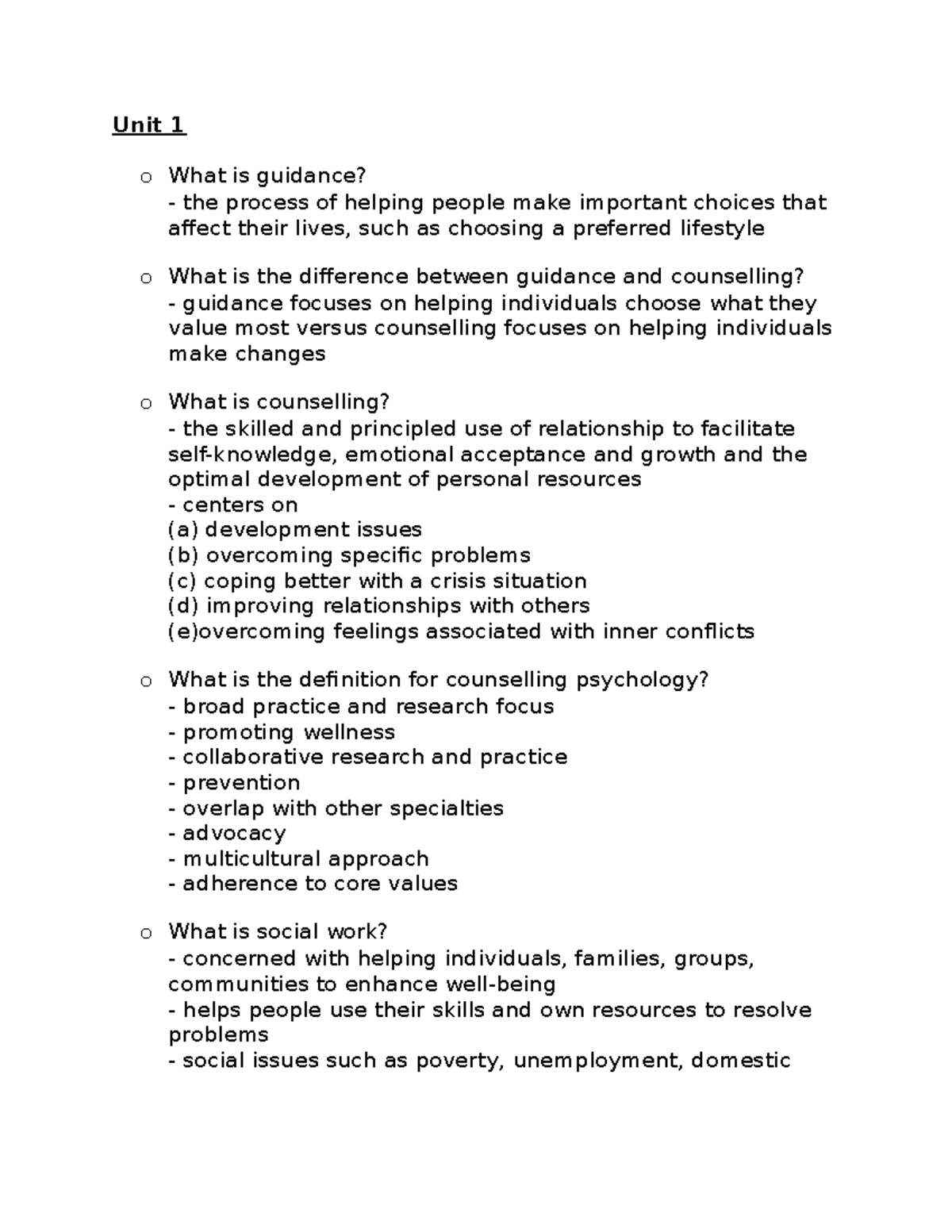 Unit 1: Comprehensive Guide to Counselling Concepts and Practices - Studocu