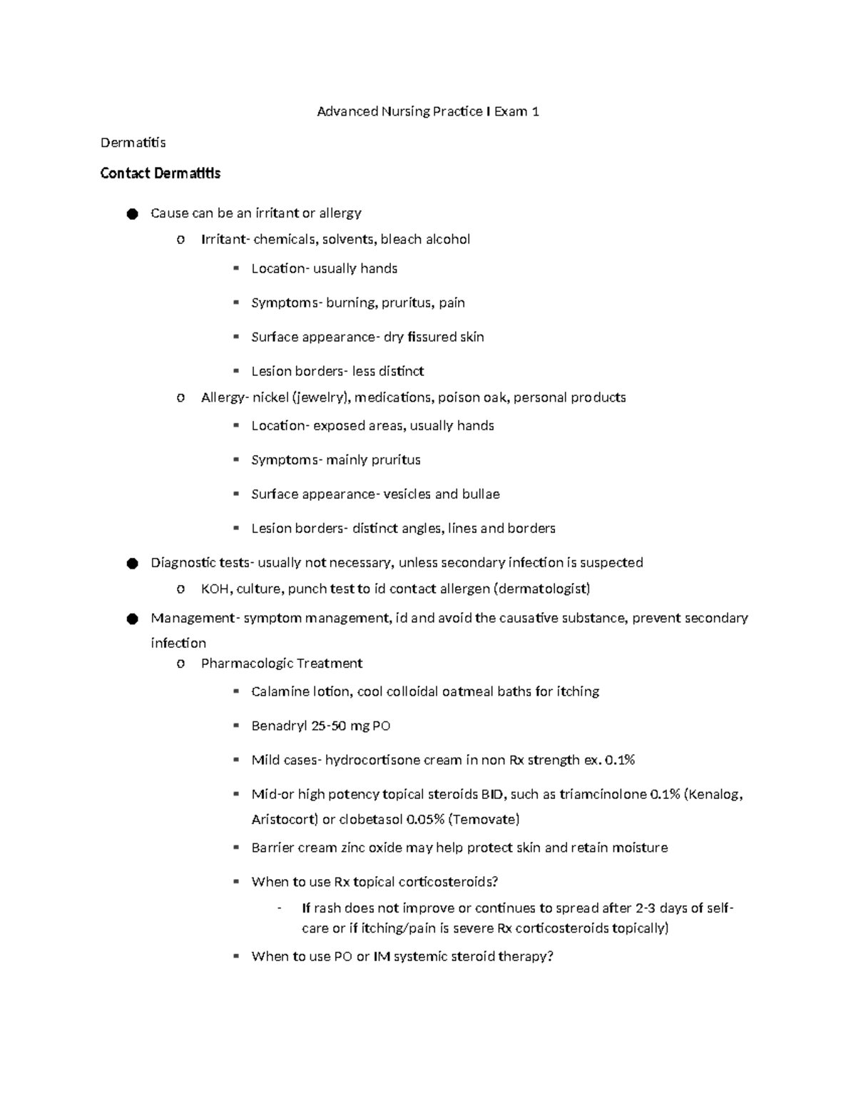 ANP I Exam 1 Study Guide: Dermatitis and Skin Conditions - Studocu