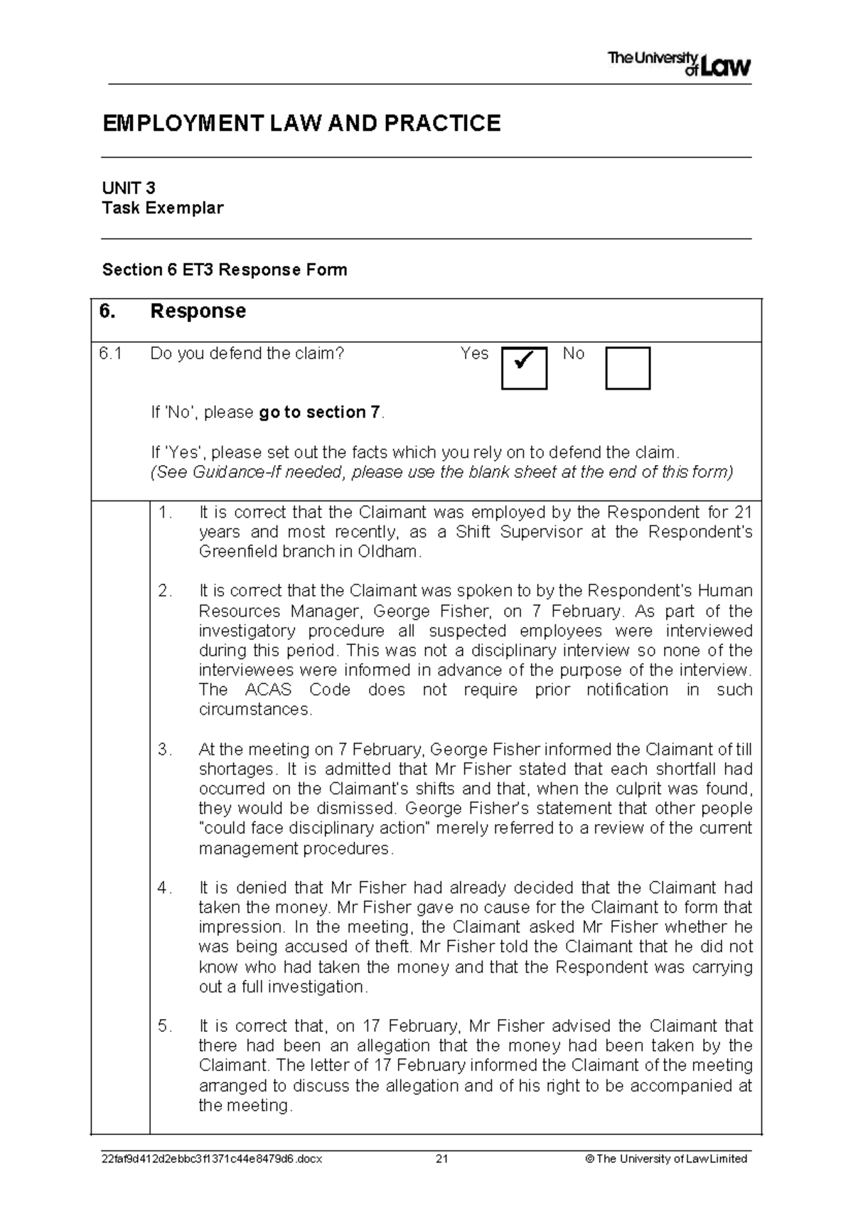 EMPLOYMENT LAW AND PRACTICE UNIT 3 Task Exemplar: ET3 Response Form ...