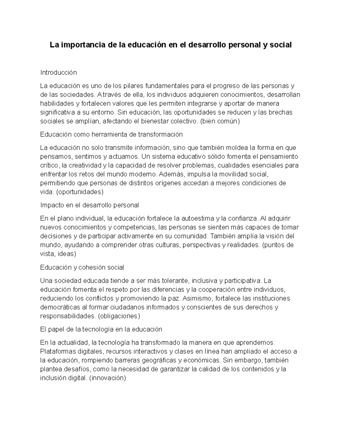 La educación como motor de desarrollo personal y social - Studocu