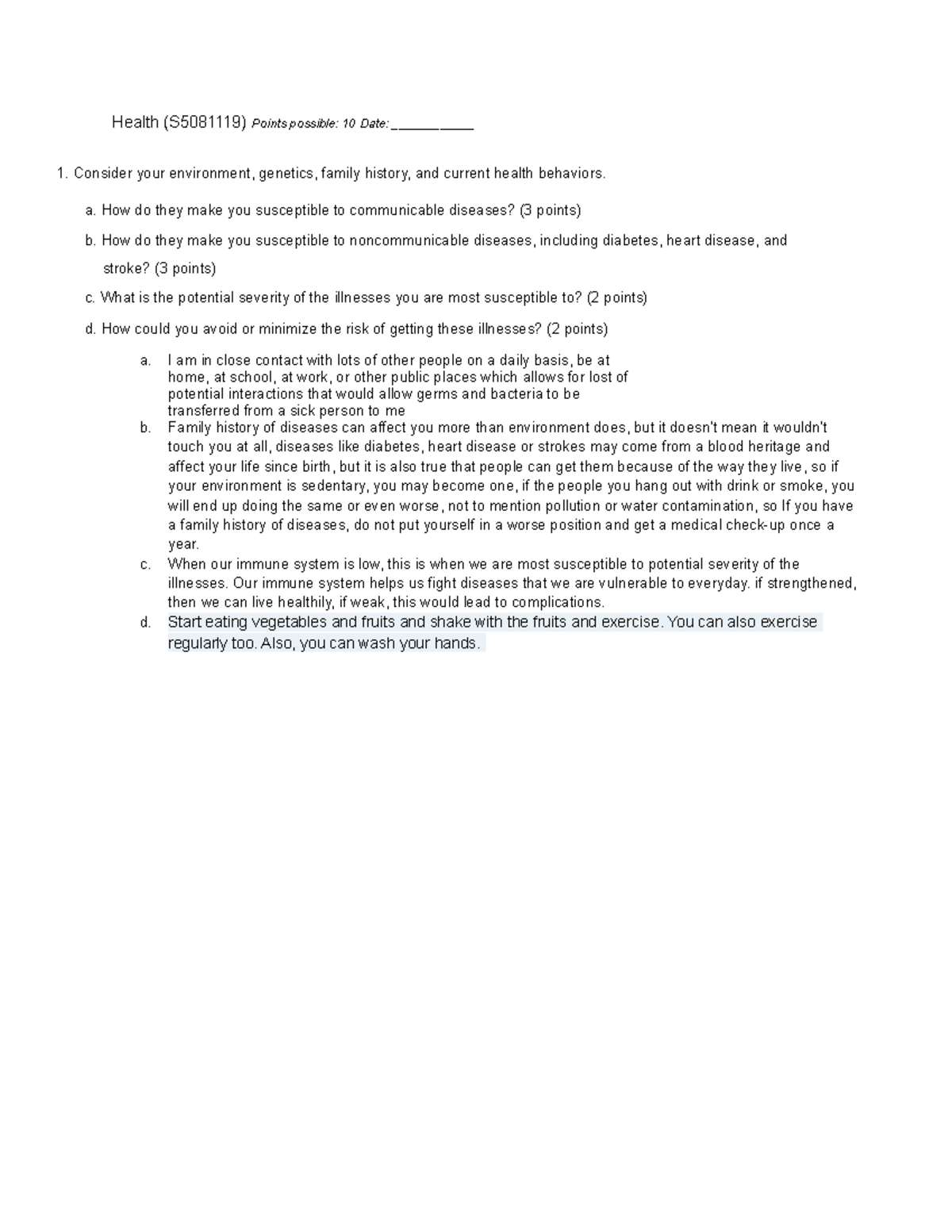 Journal 4 - Health (S5081119) Q&A on Disease Susceptibility - Studocu