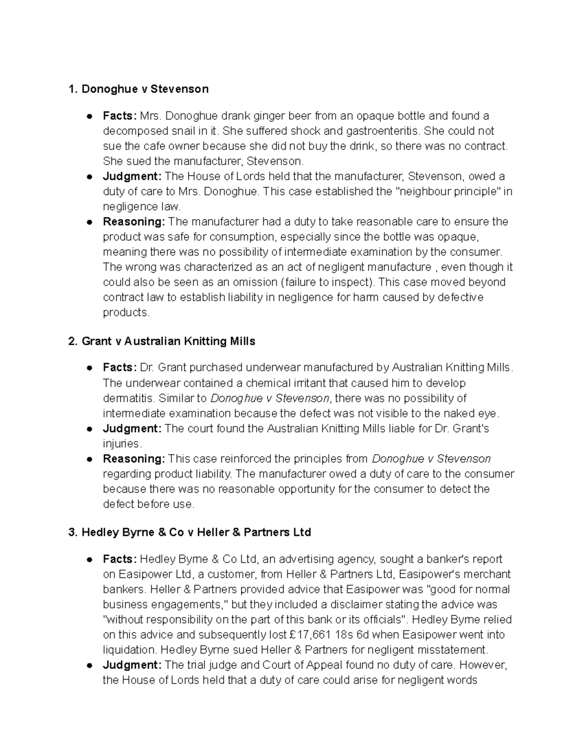 Torts Cases Summary: Key Judgments and Reasoning Analysis - Studocu