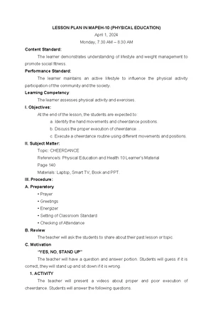 GRADE 9 MAPEH 9: Active Recreation and Community Fitness Lesson - Studocu