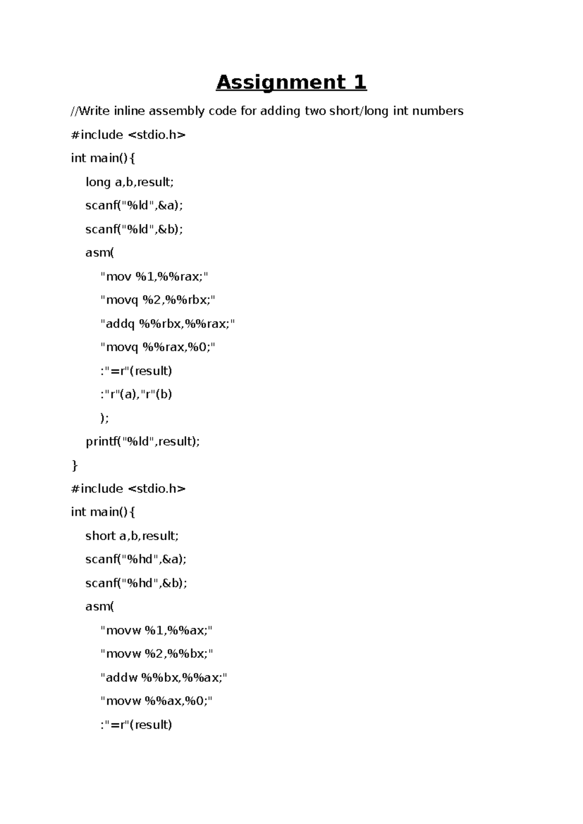 Practice COAL - vive - Assignment 1 //Write inline assembly code for ...