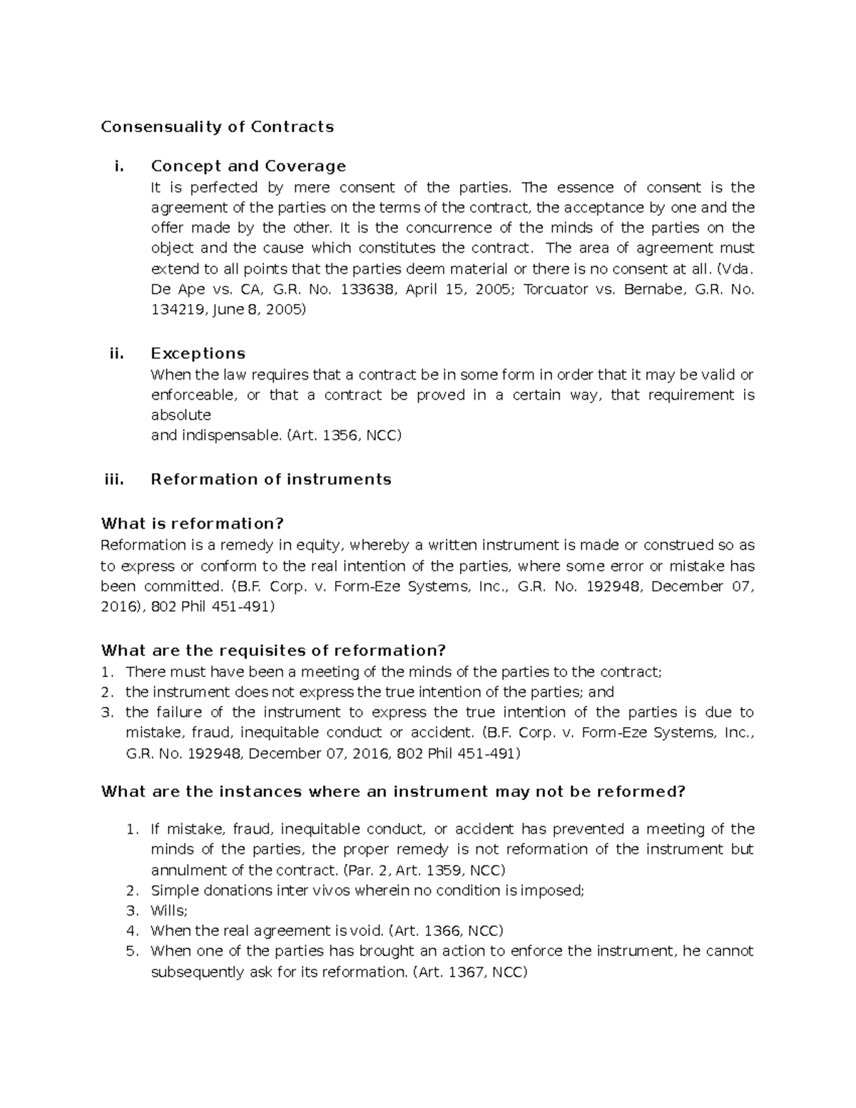 Consensuality and Reformation of Contracts: Key Concepts and Exceptions ...