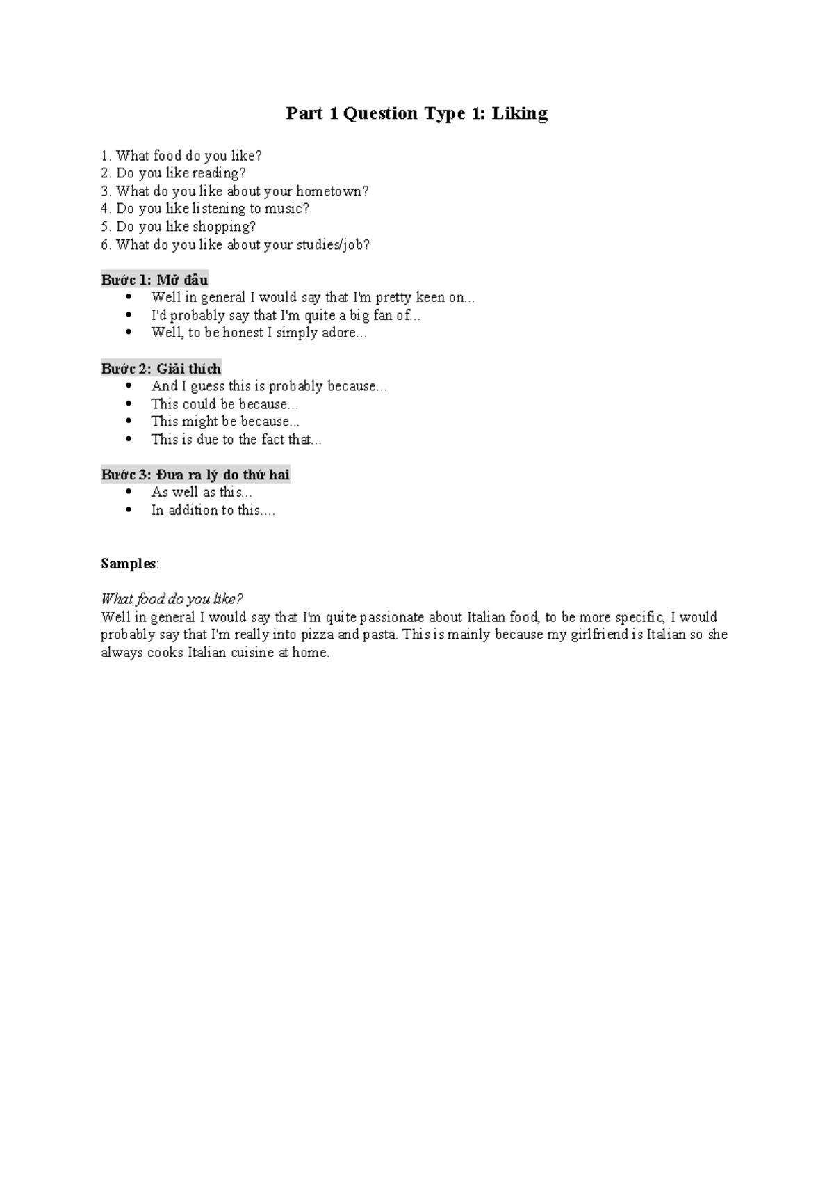 Speaking - Template for Part 1, 2 & 3 Questions (ENG 101) - Studocu
