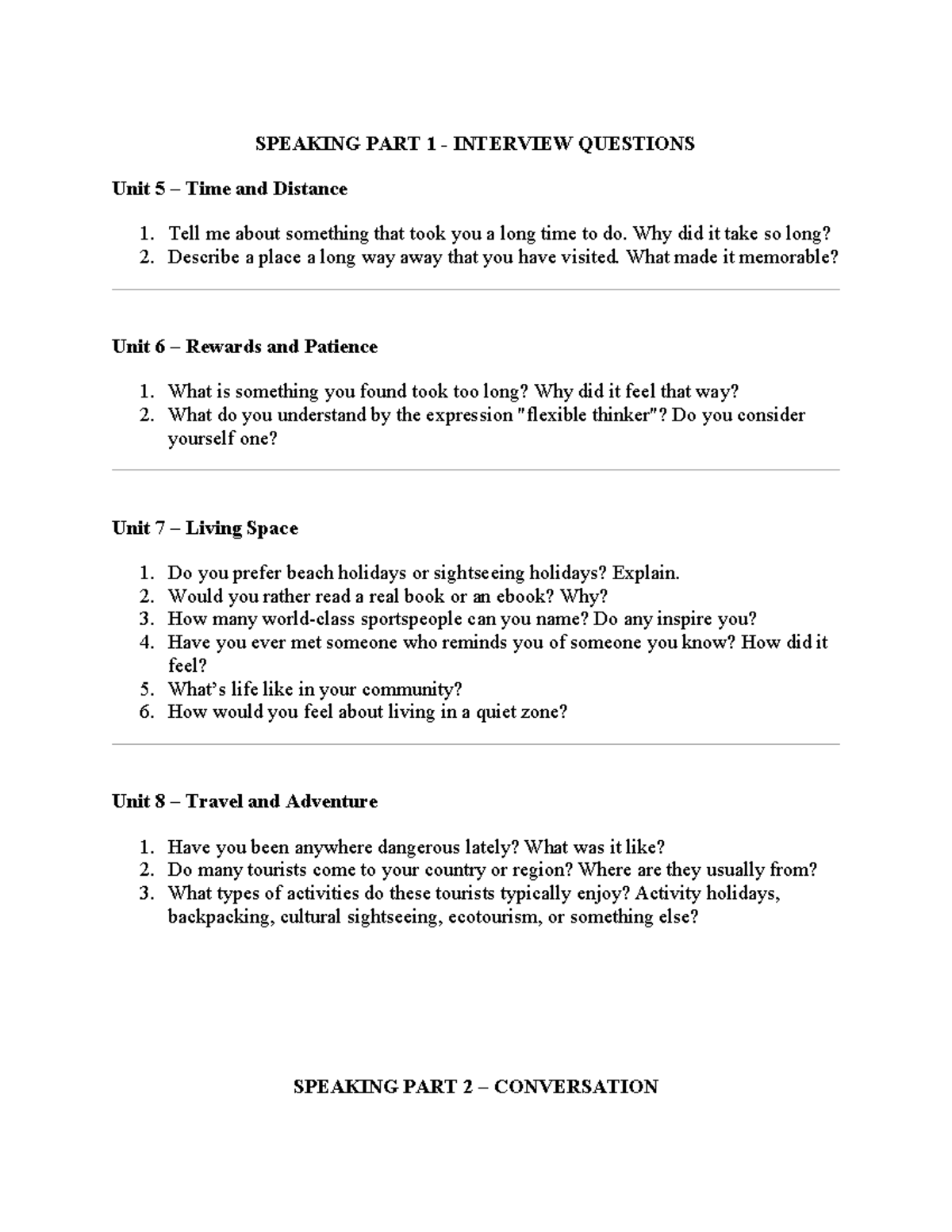 TANC5 - Sample Speaking TEST - SPEAKING PART 1 - INTERVIEW QUESTIONS ...