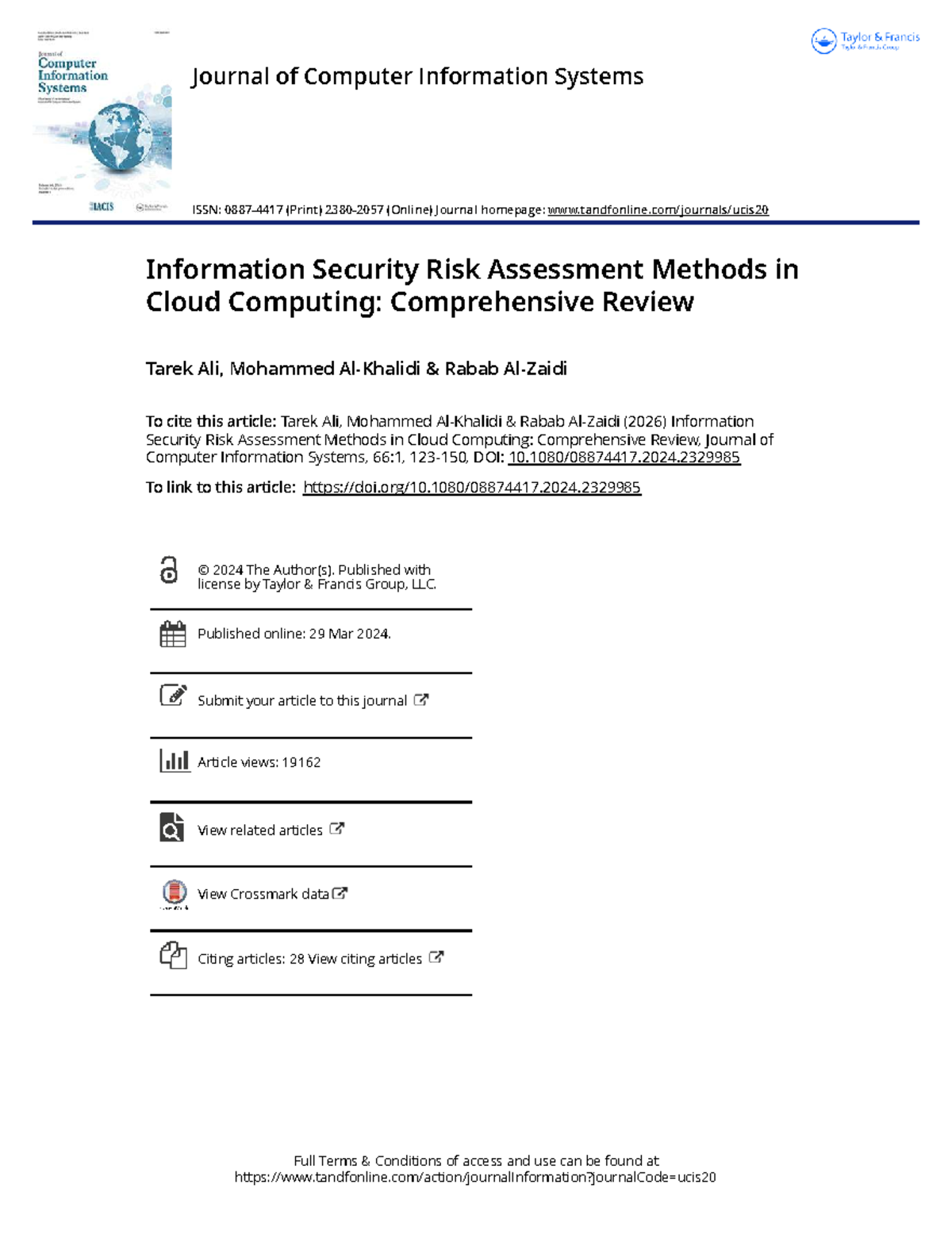 Information Security Risk Assessment Methods in Cloud Computing: A ...