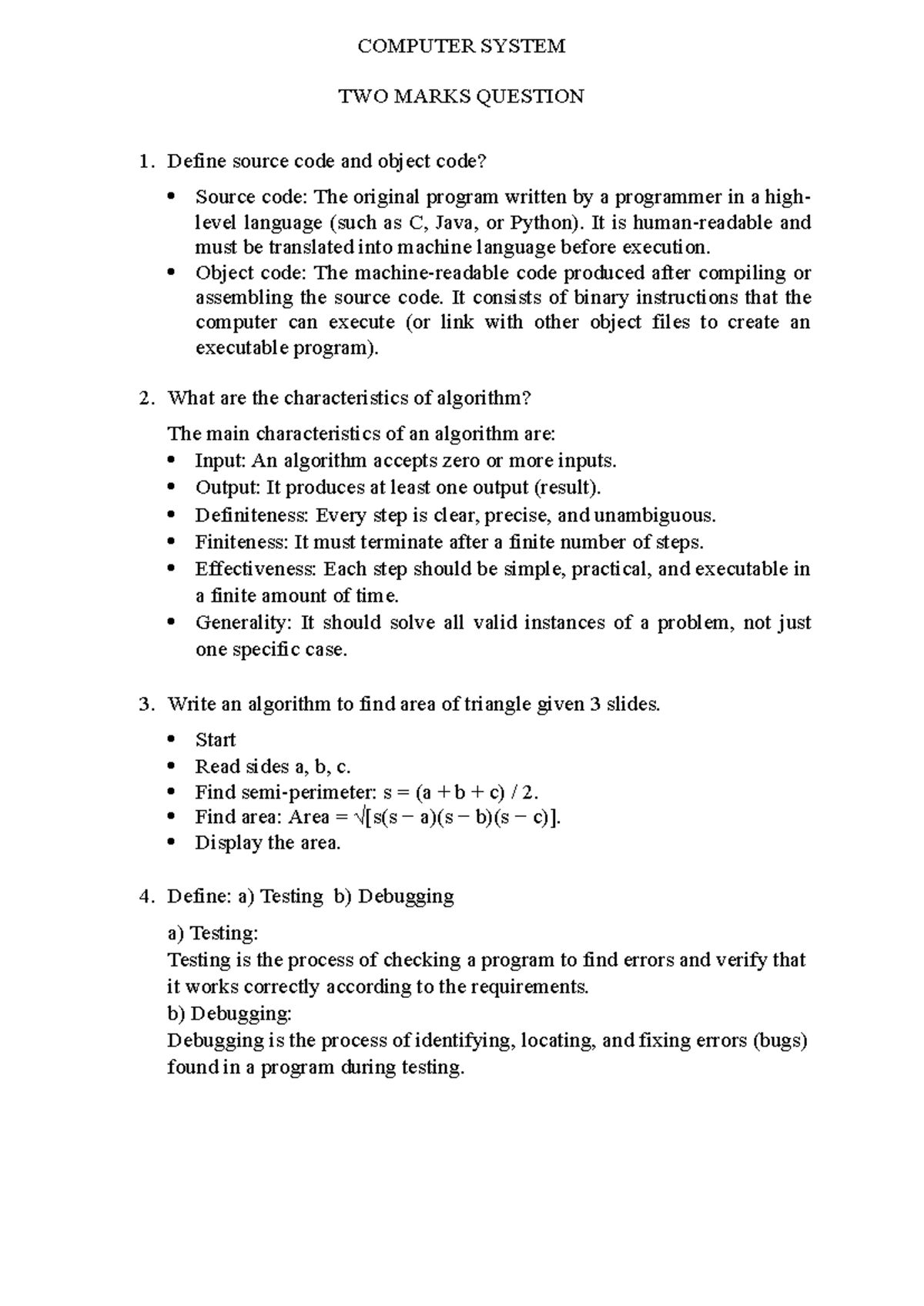 CS Introduction to Problem Solving: Two Marks & Three Marks Qs - Studocu