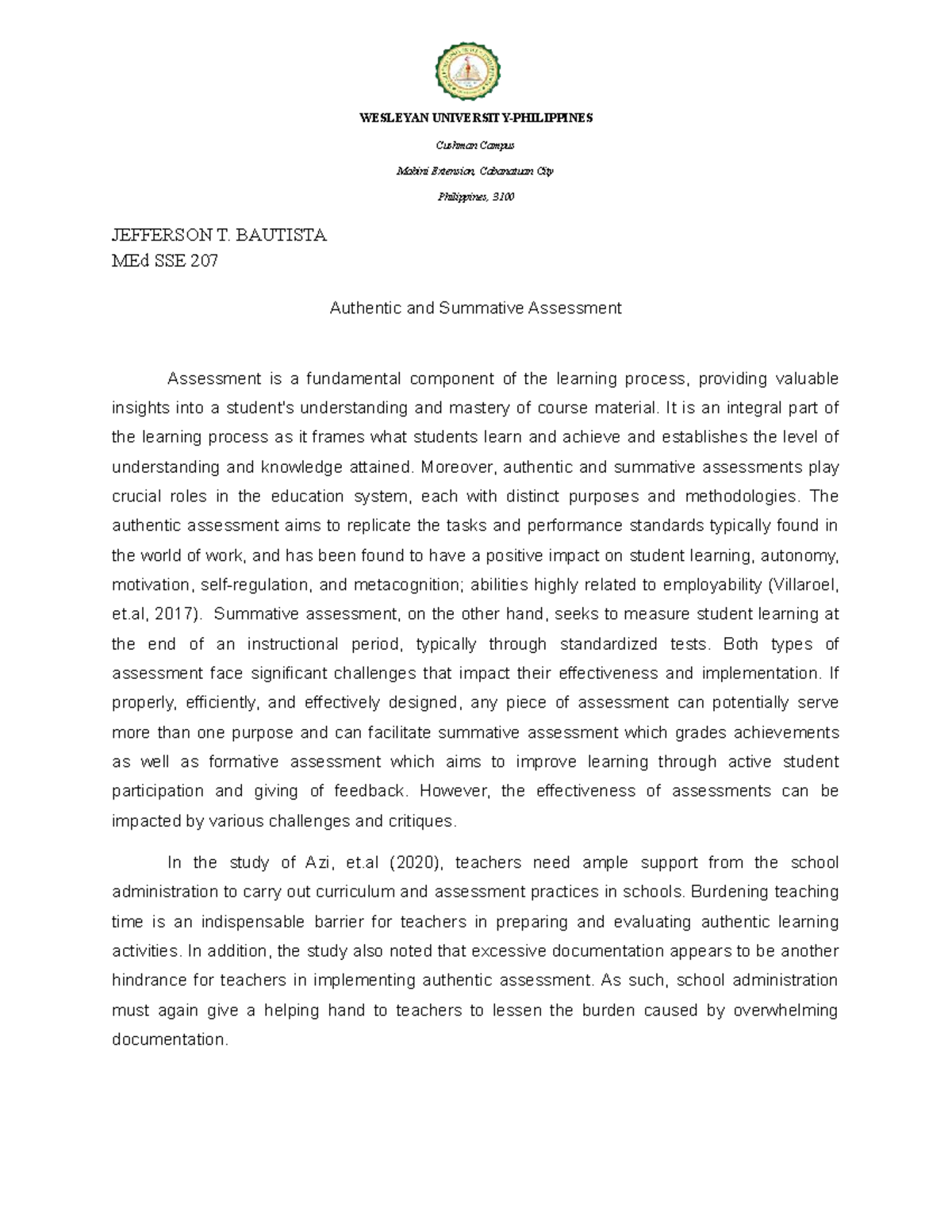 MEd SSE 207 Essay on Authentic & Summative Assessment - Studocu