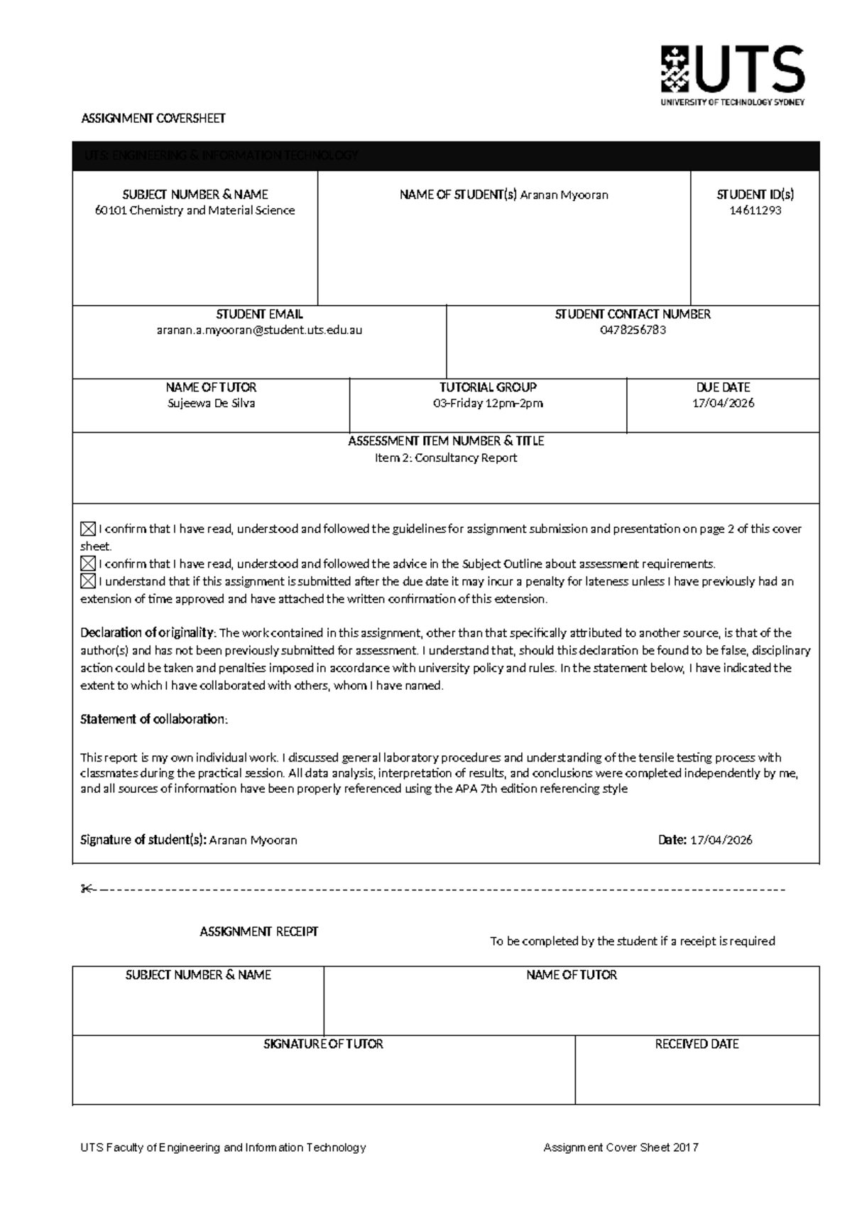UTS 60101 Chemistry & Material Science: Consultancy Report - Studocu