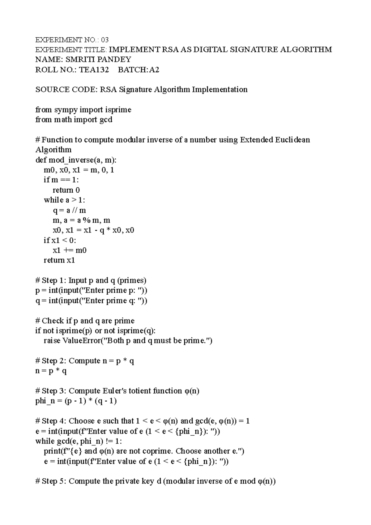 RSA Digital Signature Algorithm Implementation - EXP 03 - Studocu
