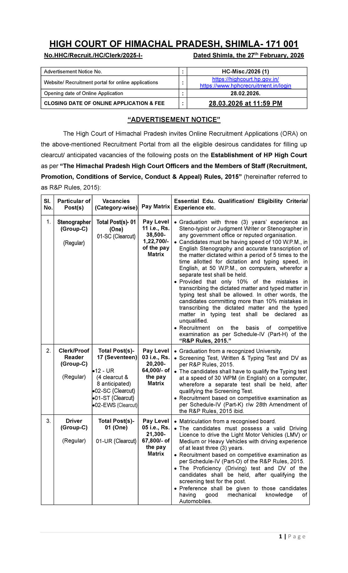 HP High Court Recruitment Notice for Various Posts - Feb 2026 - Studocu