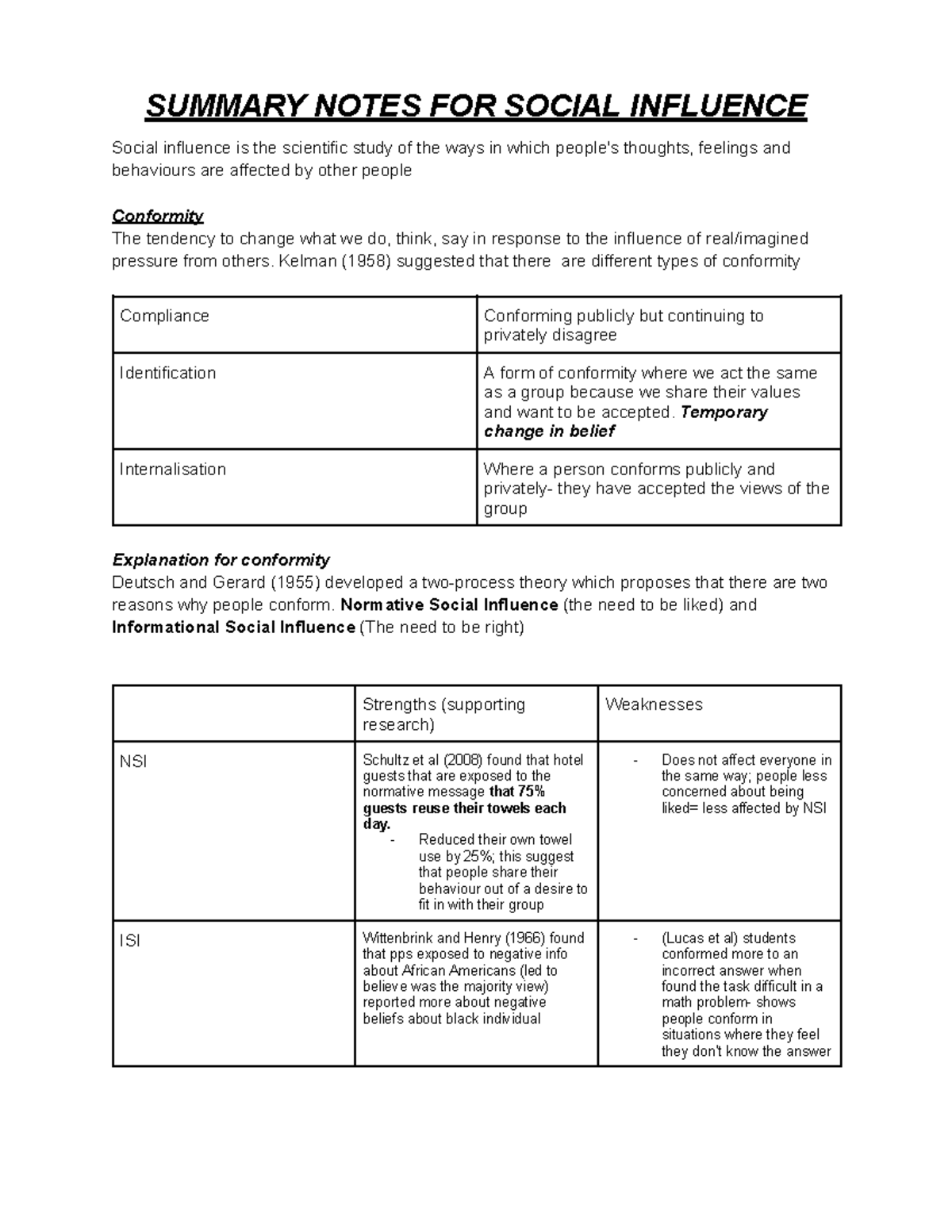 Social Influence: Key Concepts and Research Summary Notes - Studocu