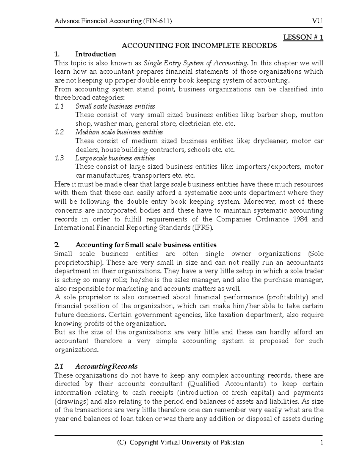 FIN611 - Lesson Notes on Accounting for Incomplete Records - Studocu