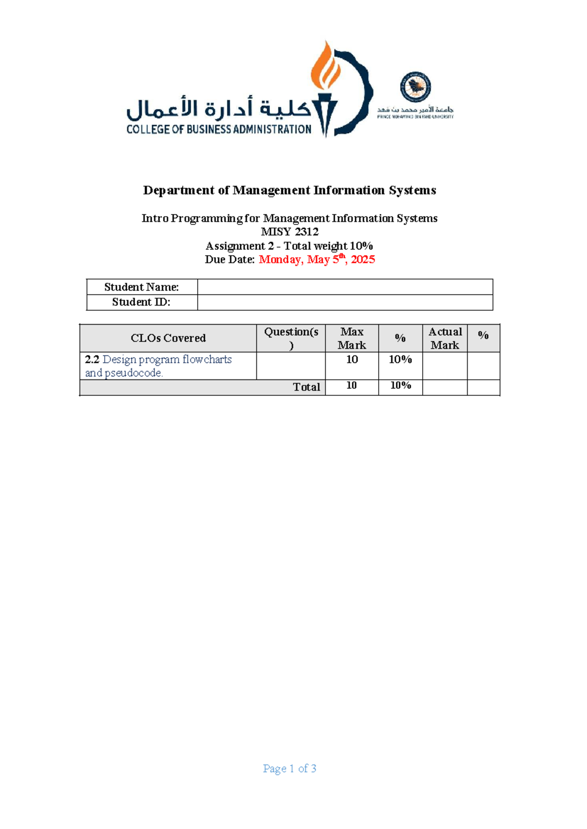 MISY 2312 - Assignment 2: Flowchart Design for Programming - Studocu