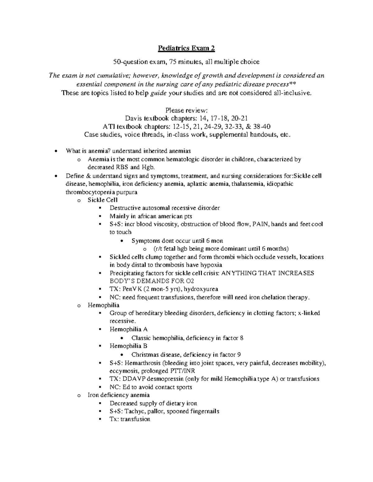 Peds Nursing Exam 2 Study Guide - Key Topics & Considerations - Studocu