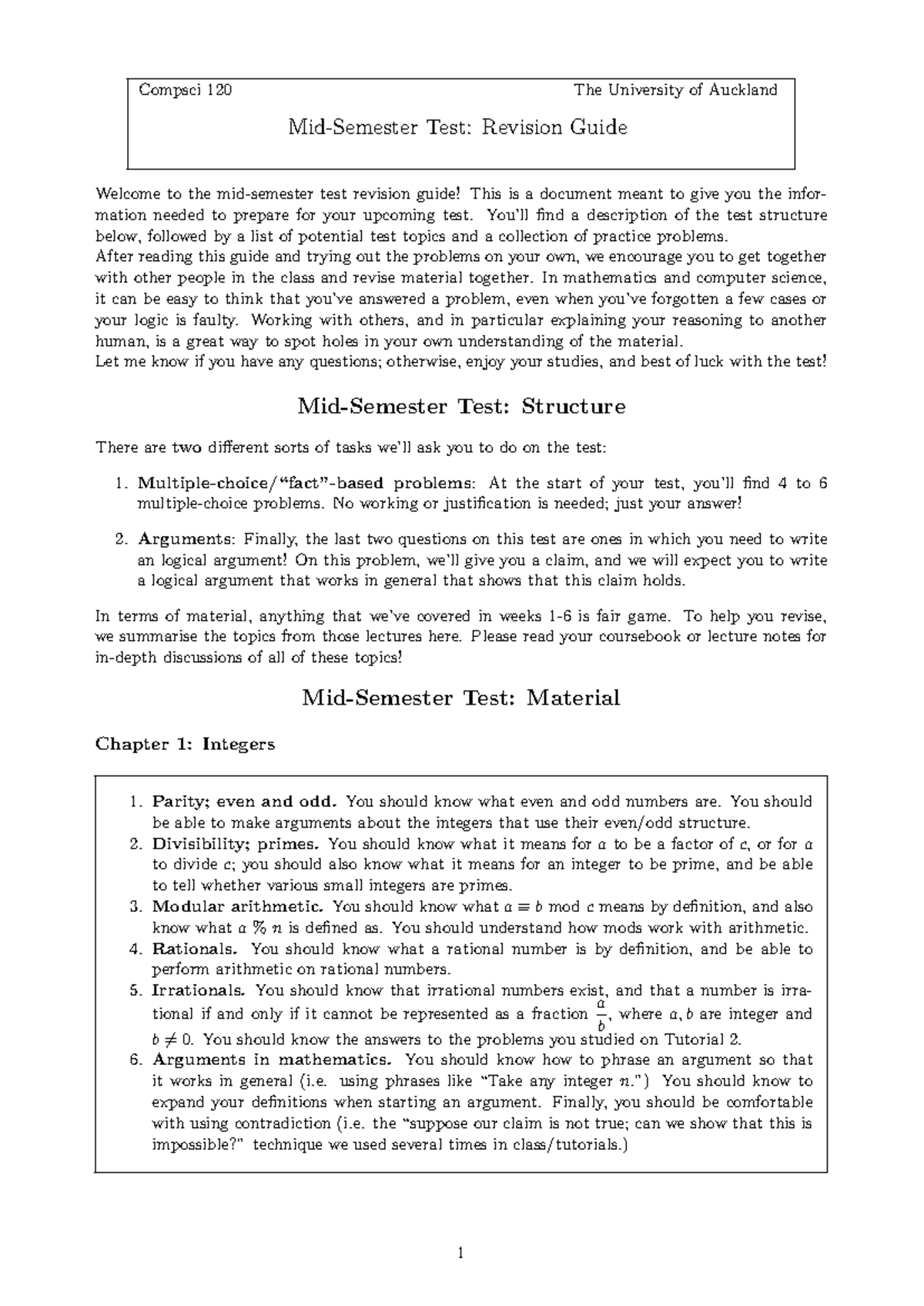 Compsci 120 Mid-Semester Test Revision Guide and Practice Problems ...