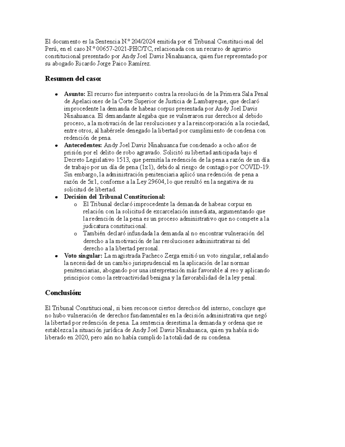 Sentencia 204/2024 - Análisis del Caso Andy Joel Davis Ninahuanca - Studocu