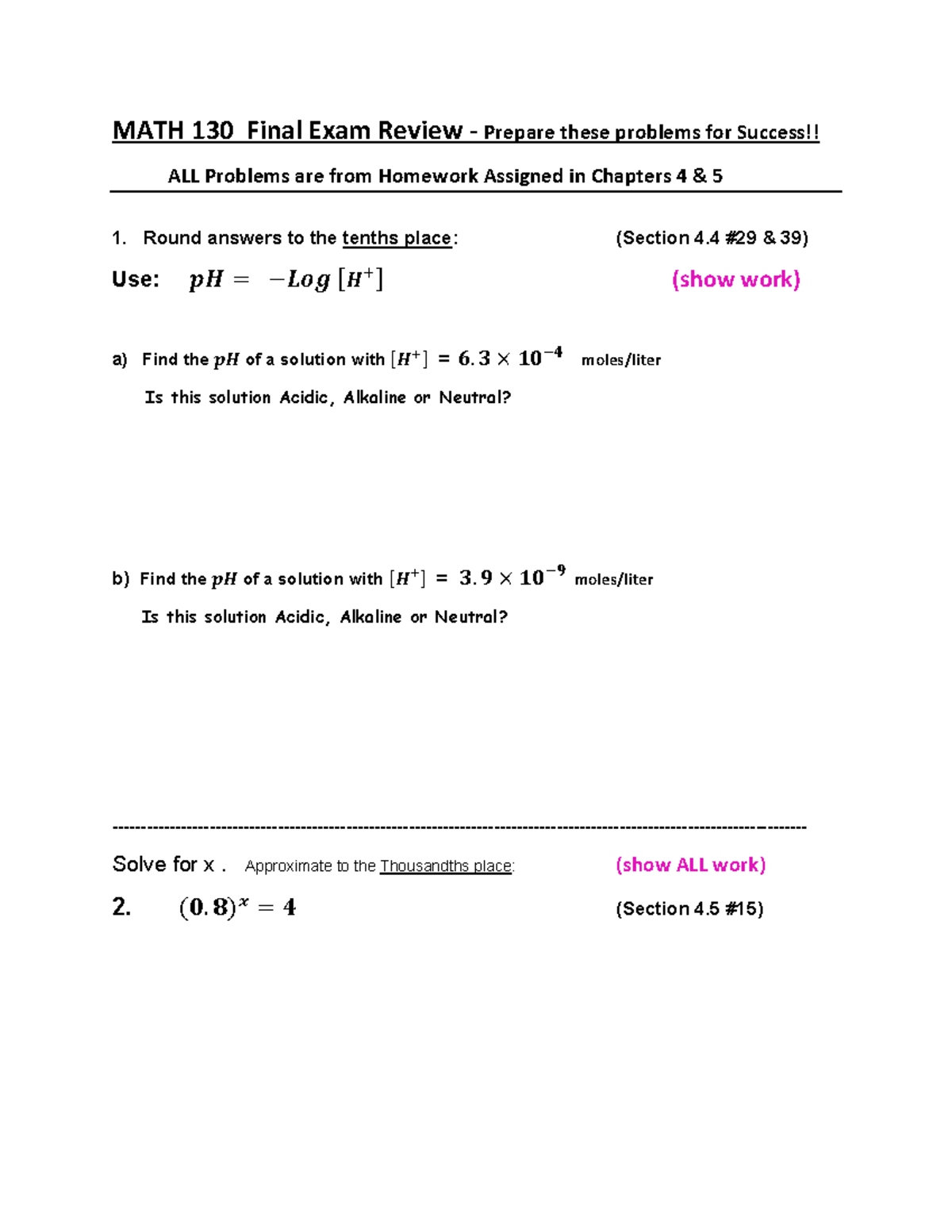 MATH 130 Final Exam Review Problems from Chapters 4 & 5 - Studocu