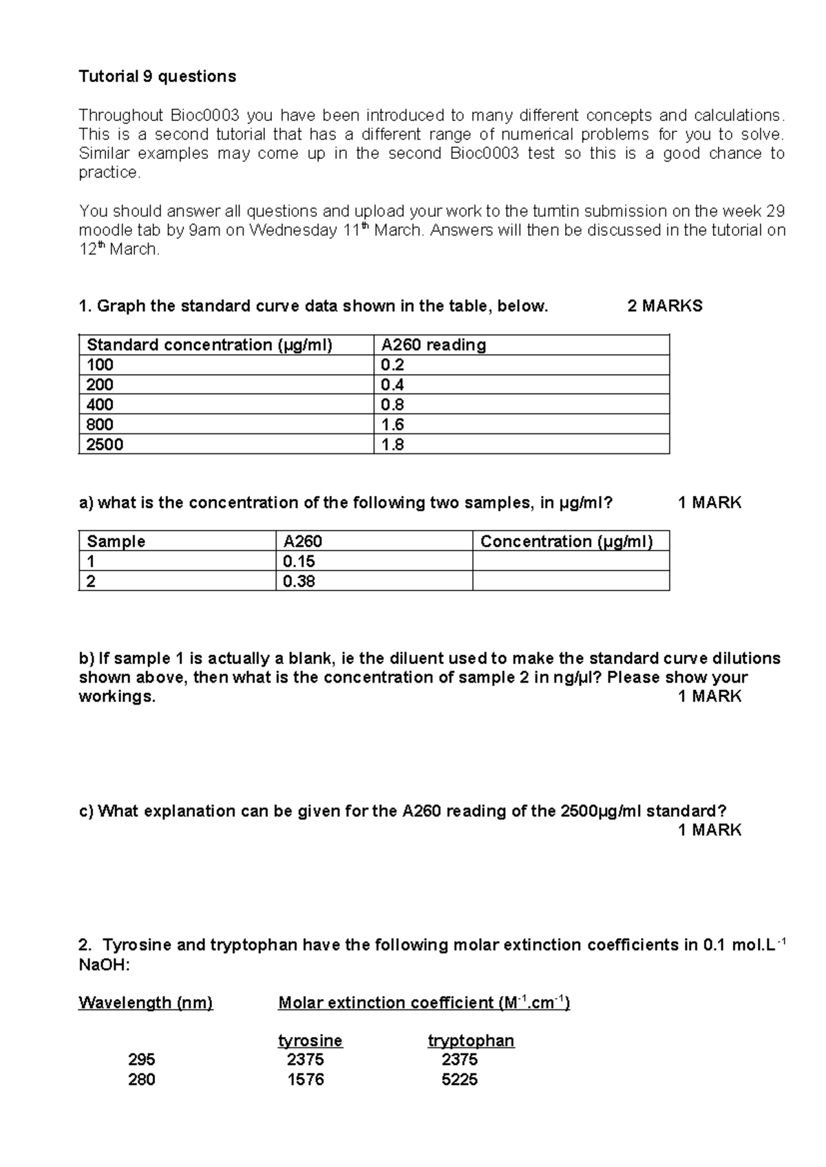 Tutorial 9 Questions: Numerical Problems & Calculations in Bioc - Studocu