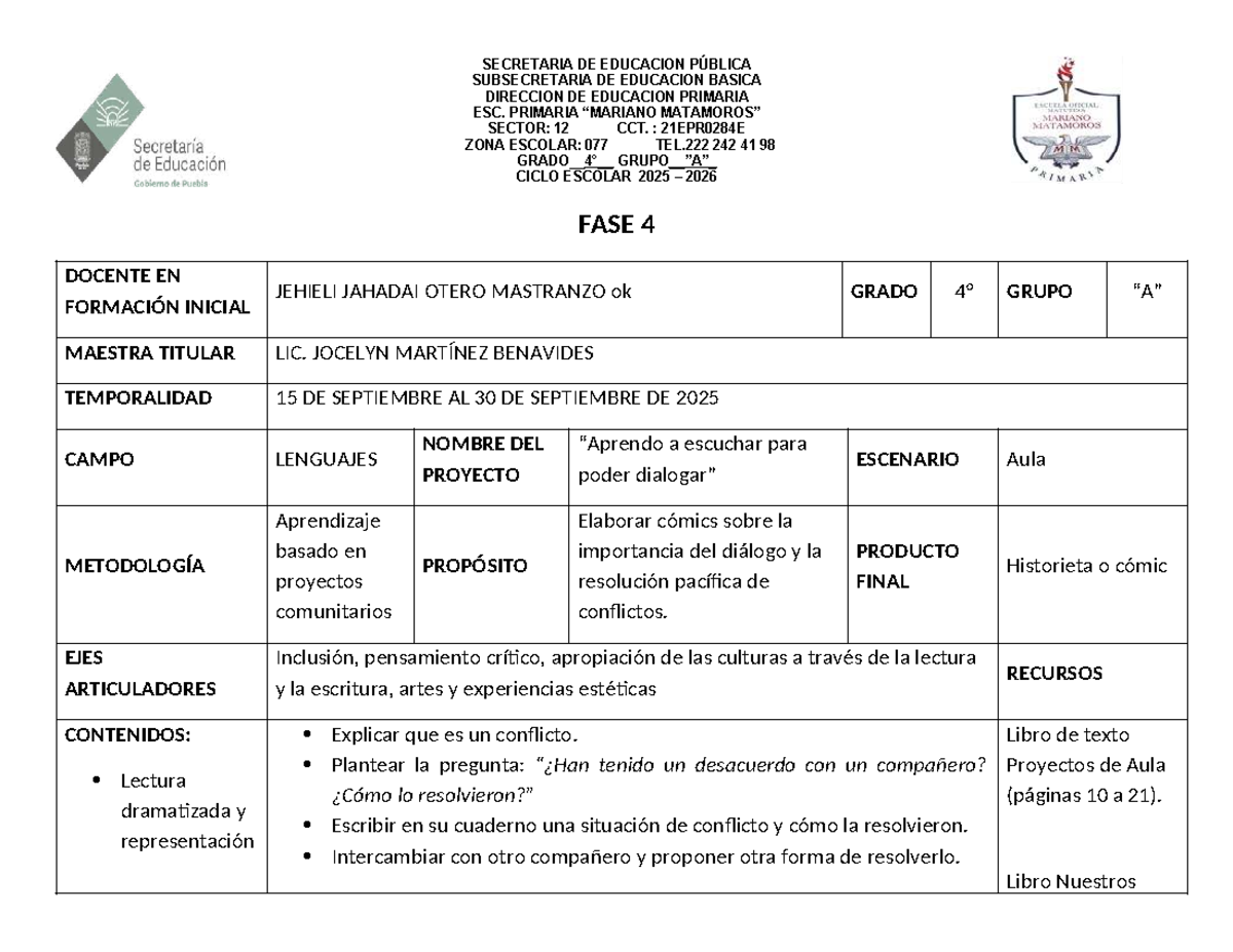 Planeación de Proyectos Comunitarios para 4to Grado - Ciclo 2025-2026 ...