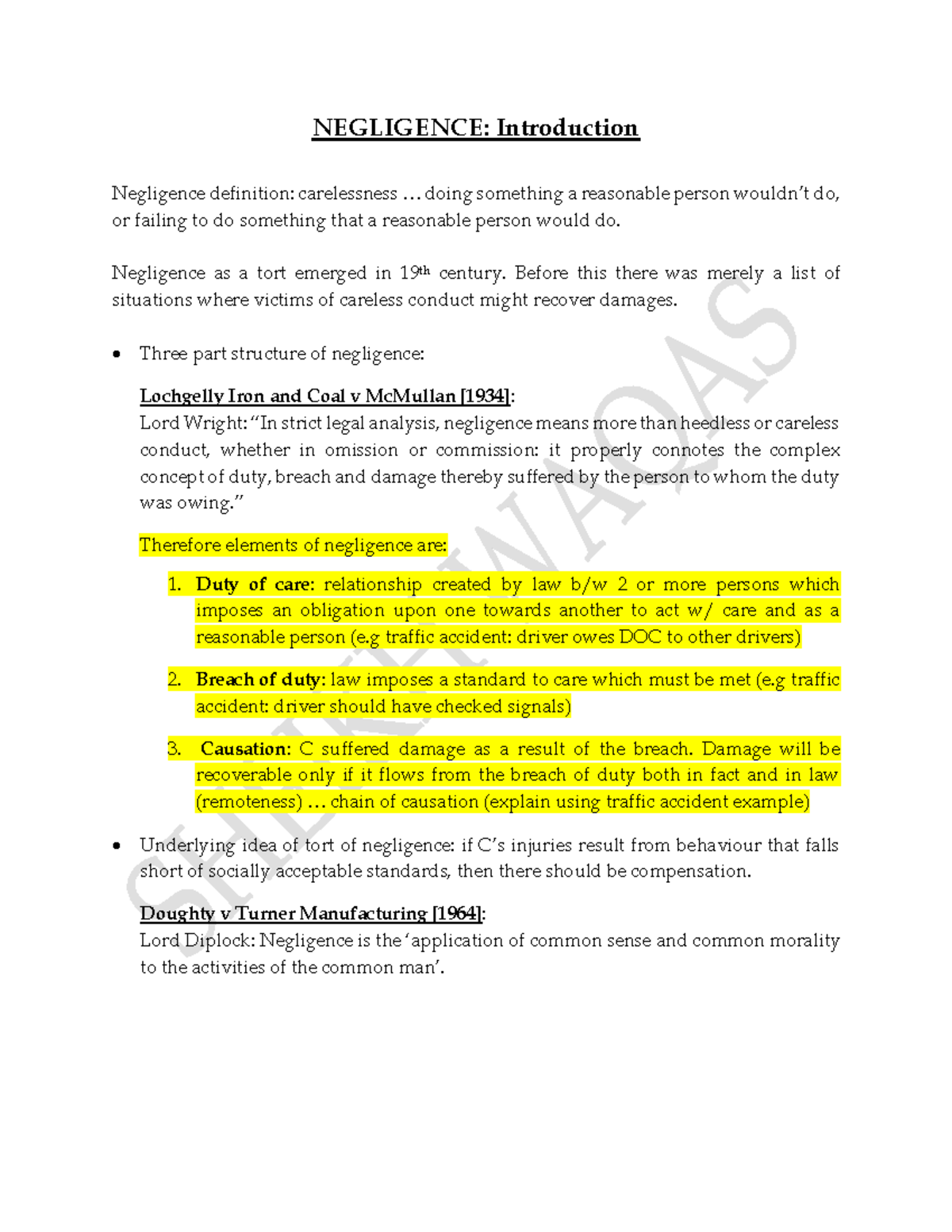 Duty of Care notes - law - NEGLIGENCE: Introduction Negligence ...
