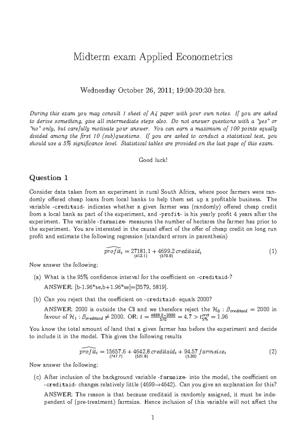 Midterm Exam Q&A: Applied Econometrics (Course Code: AEC101) - Studeersnel