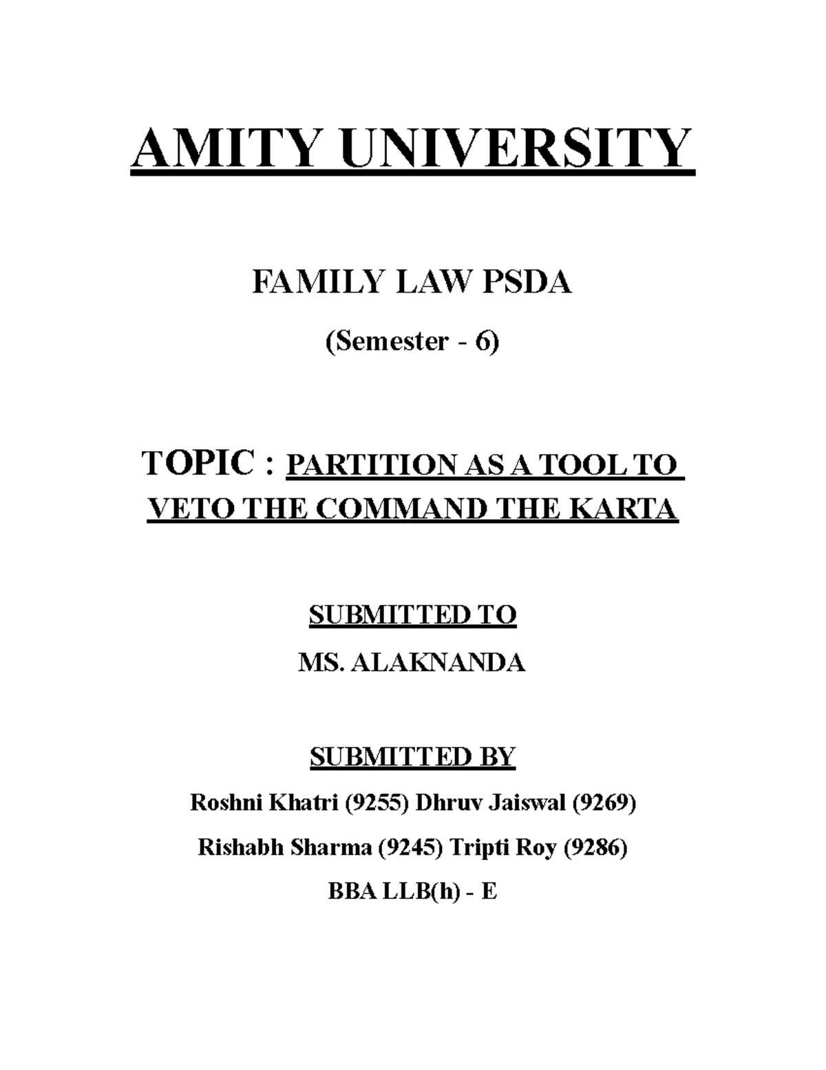 Family Law PSDA - Project - AMITY UNIVERSITY FAMILY LAW PSDA (Semester ...