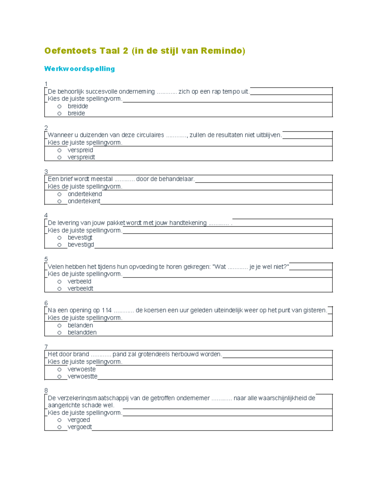 Oefentoets Taal 2: Werkwoordspelling en Leestekenfouten Remindo ...