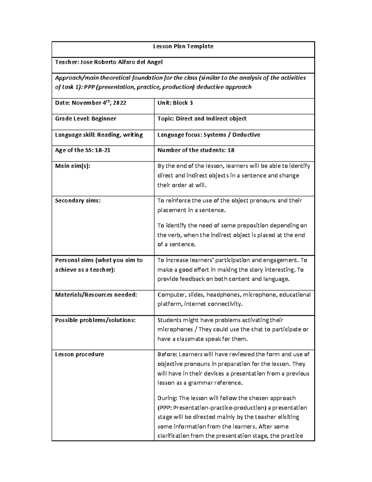ENG 101 - Lesson Plan: Direct & Indirect Objects Using PPP Approach ...