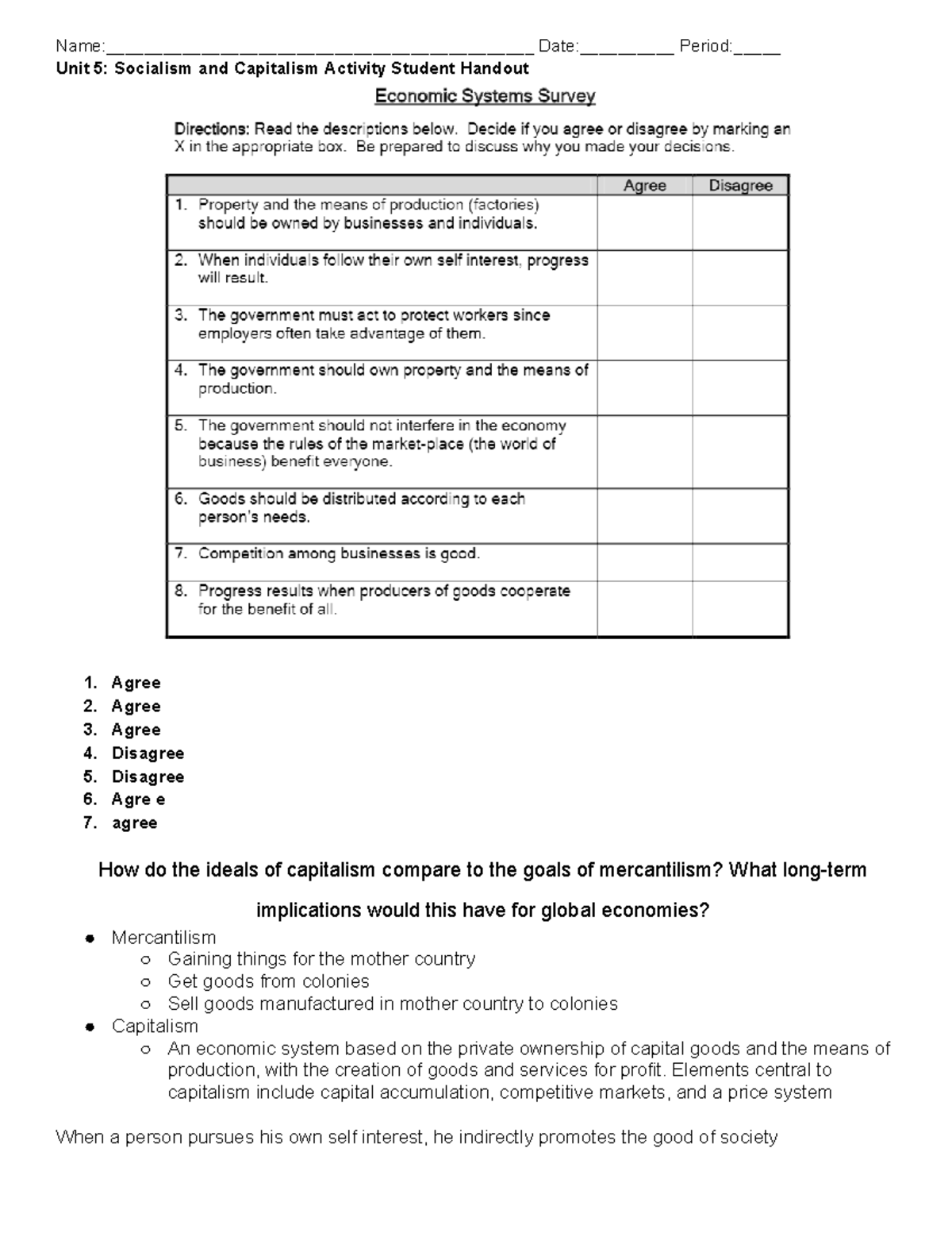 Unit 5: Socialism and Capitalism Student Handout Activities - - Studocu