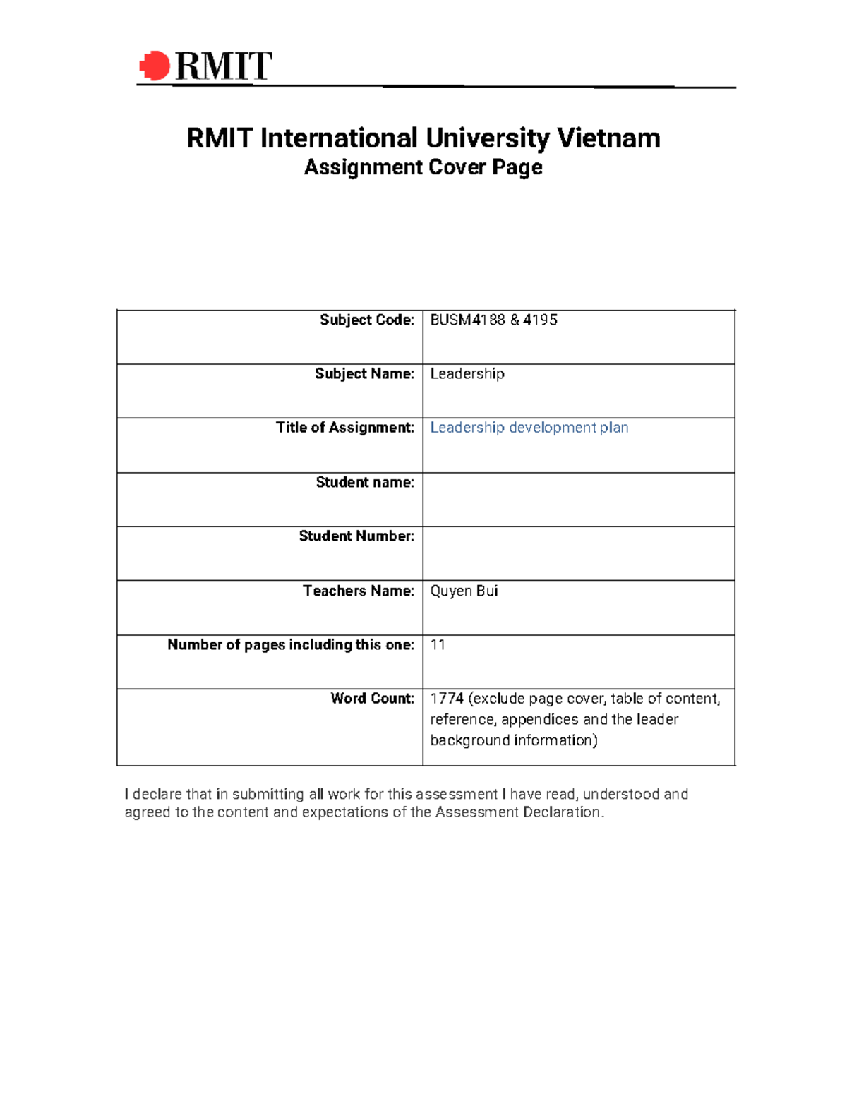 Leadership Development Plan for BUSM4188 & 4195: Assignment 3 - Studocu
