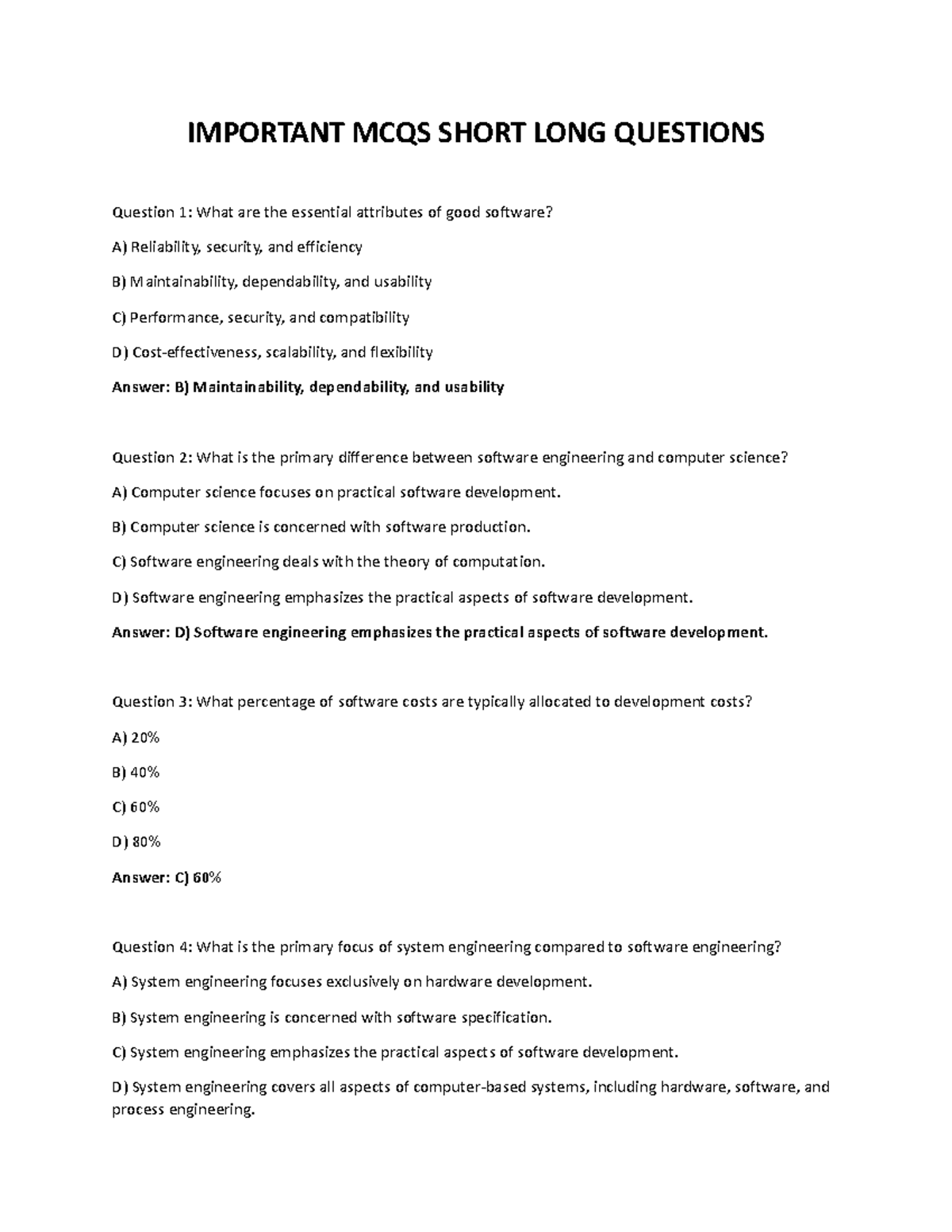 MCQs and Short Questions on Software Engineering Concepts (CSE 101 ...