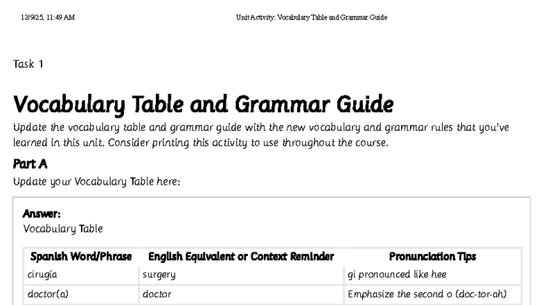 Unit Activity 1: Vocabulary Table & Grammar Guide Update - Studocu