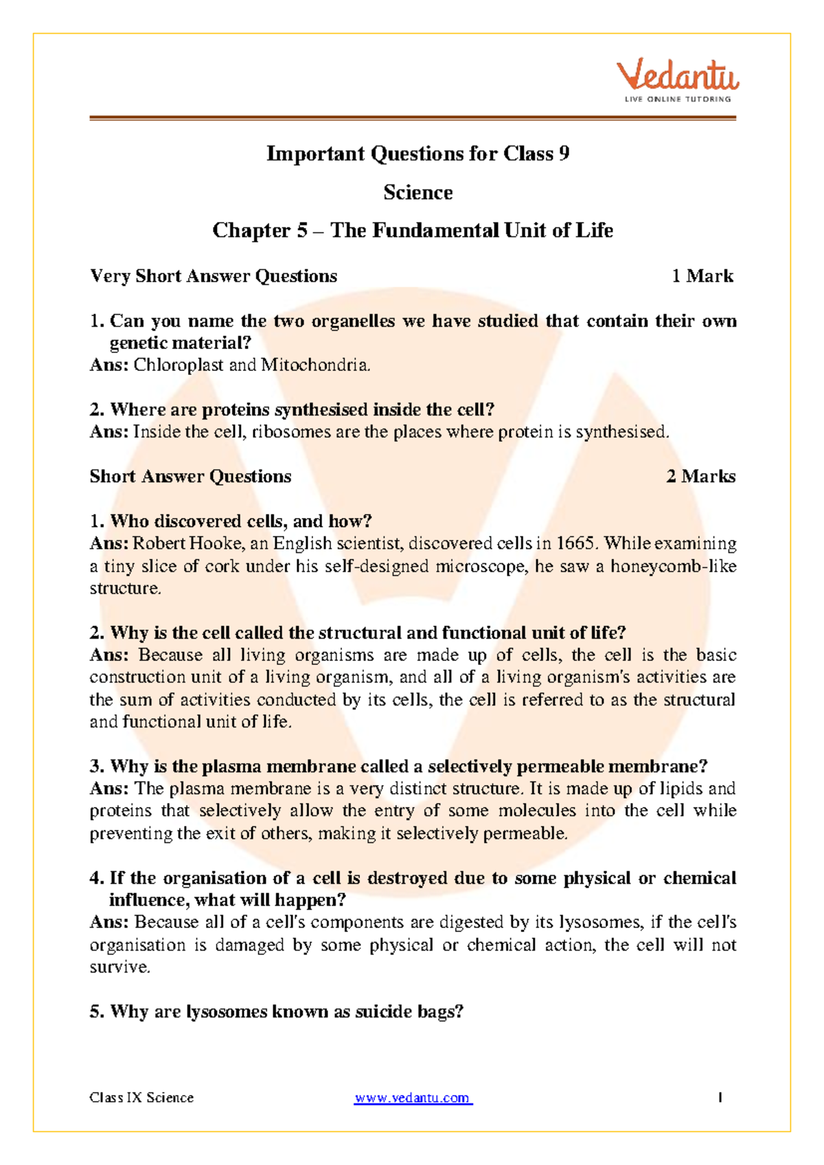 CBSE Class 9 Science Ch 5 The Fundamental Unit of Life Important Qs ...