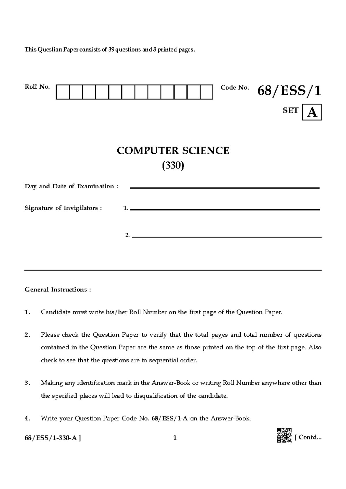 Computer Science (330) Set A Question Paper - ESS 1 - Studocu