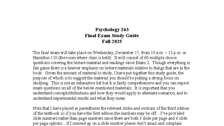 Psychology 263 Final Exam Study Guide - Fall 2025 - Studocu