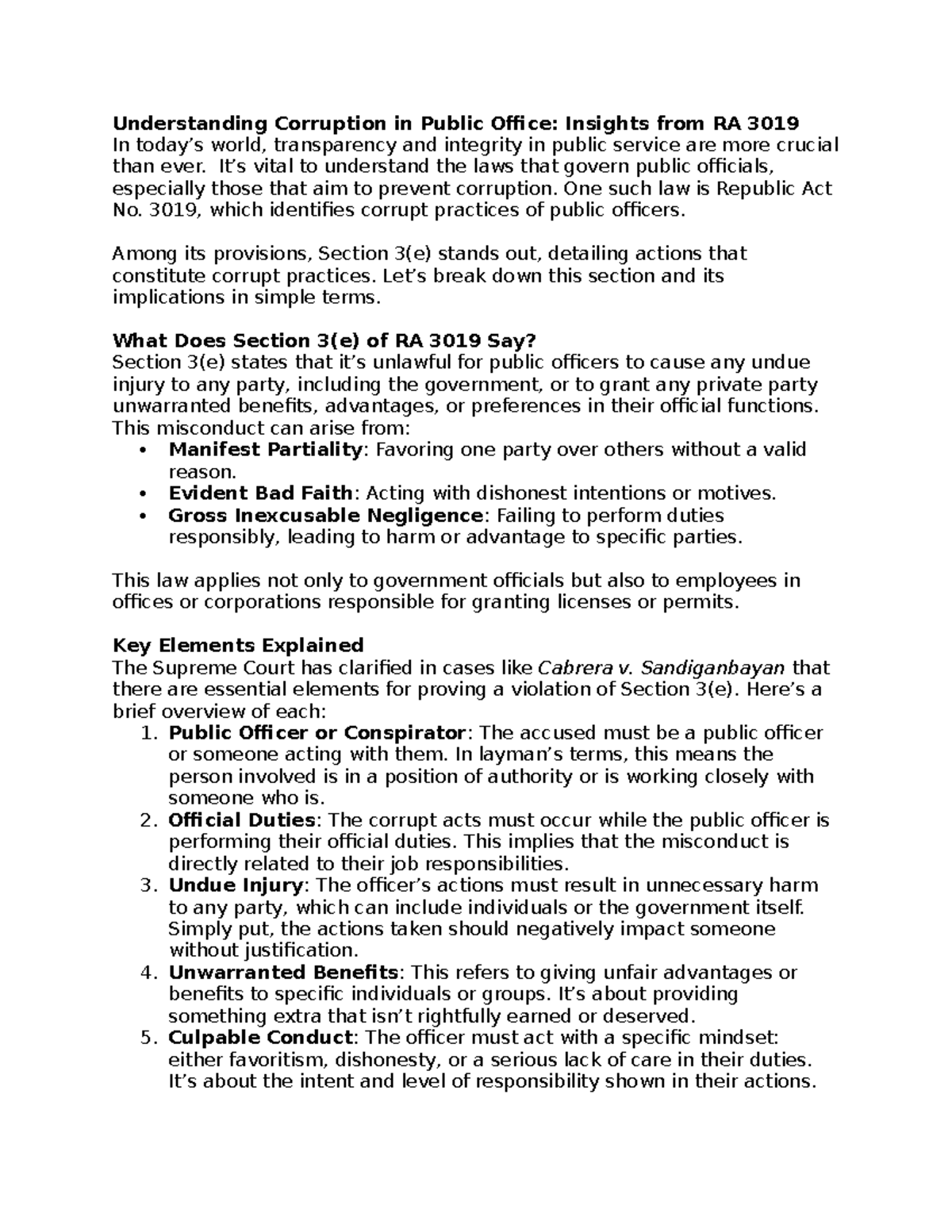 Understanding Corruption in Public Office: Insights on RA 3019 - Studocu