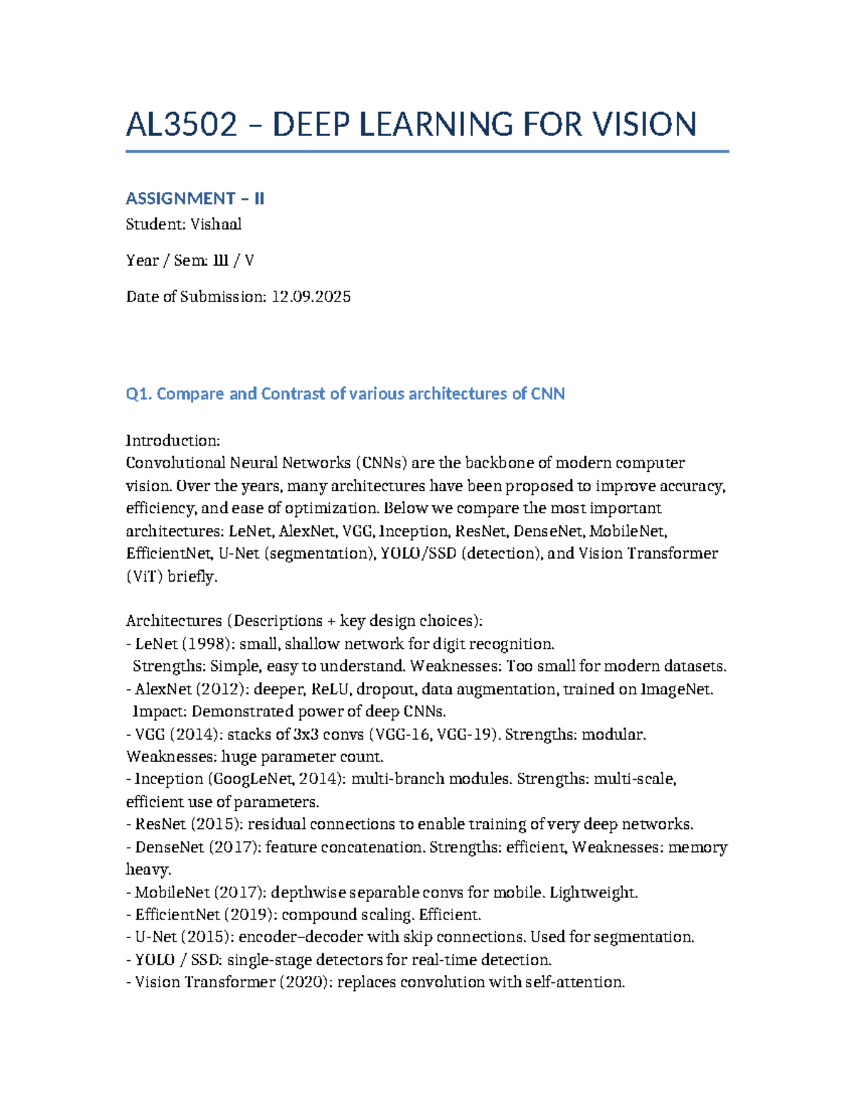 AL3502 Deep Learning for Vision Assignment II Answers - Studocu