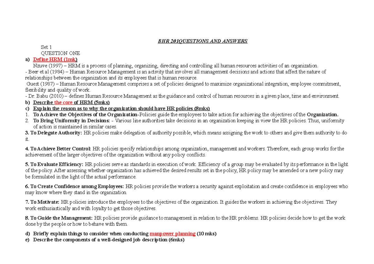 BHR 201 Revision Guide: Key Concepts and HRM Functions - Studocu
