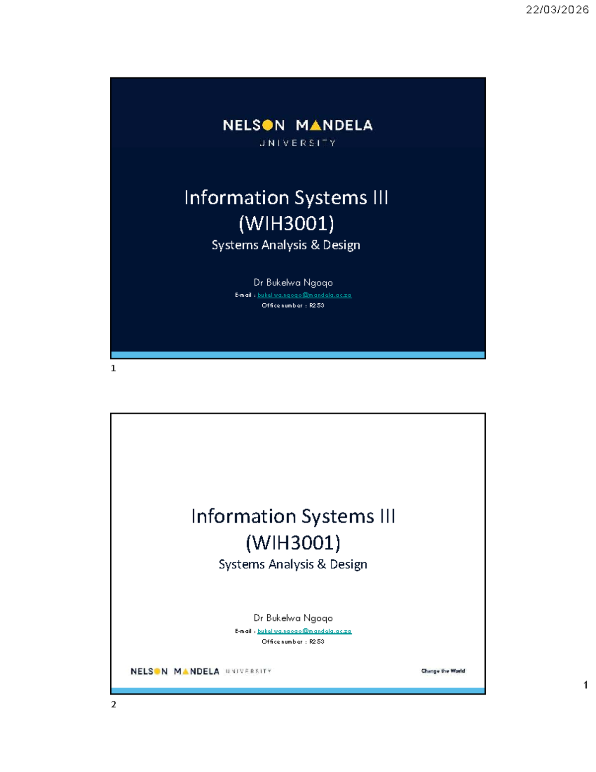 WIH3001 Lecture: Systems Analysis & Design Overview - Studocu