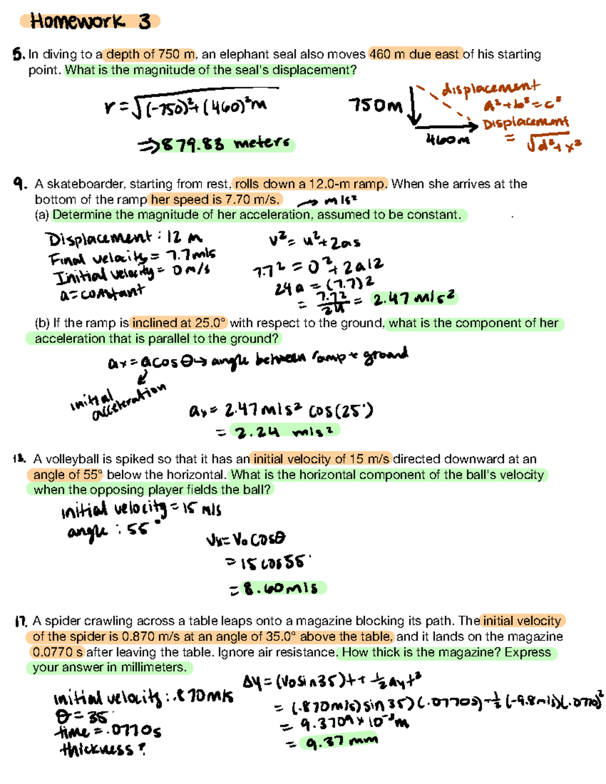 Physics Homework 3: Displacement and Acceleration Questions - Studocu