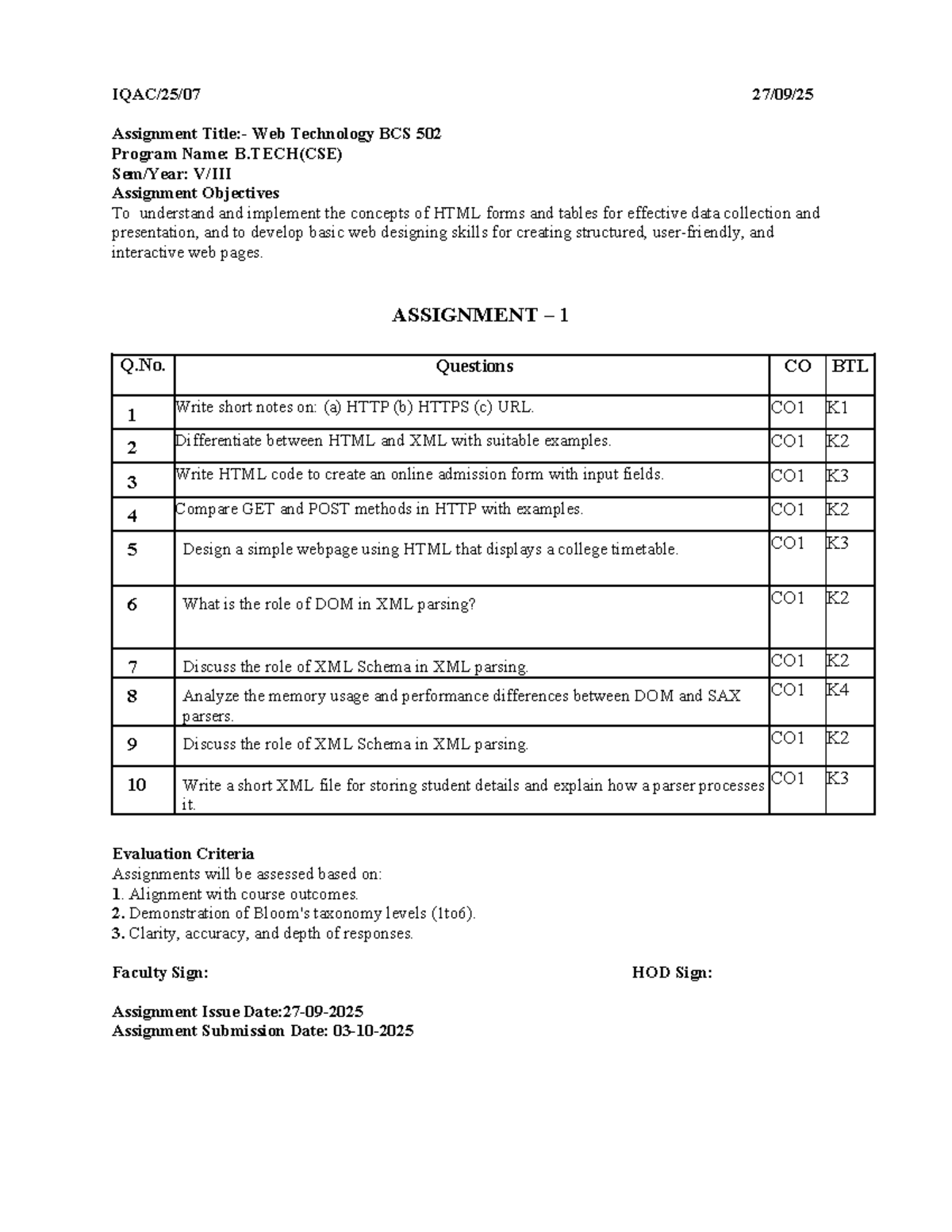 Assignment 1: Web Technology BCS 502 - HTML Forms & Tables - Studocu