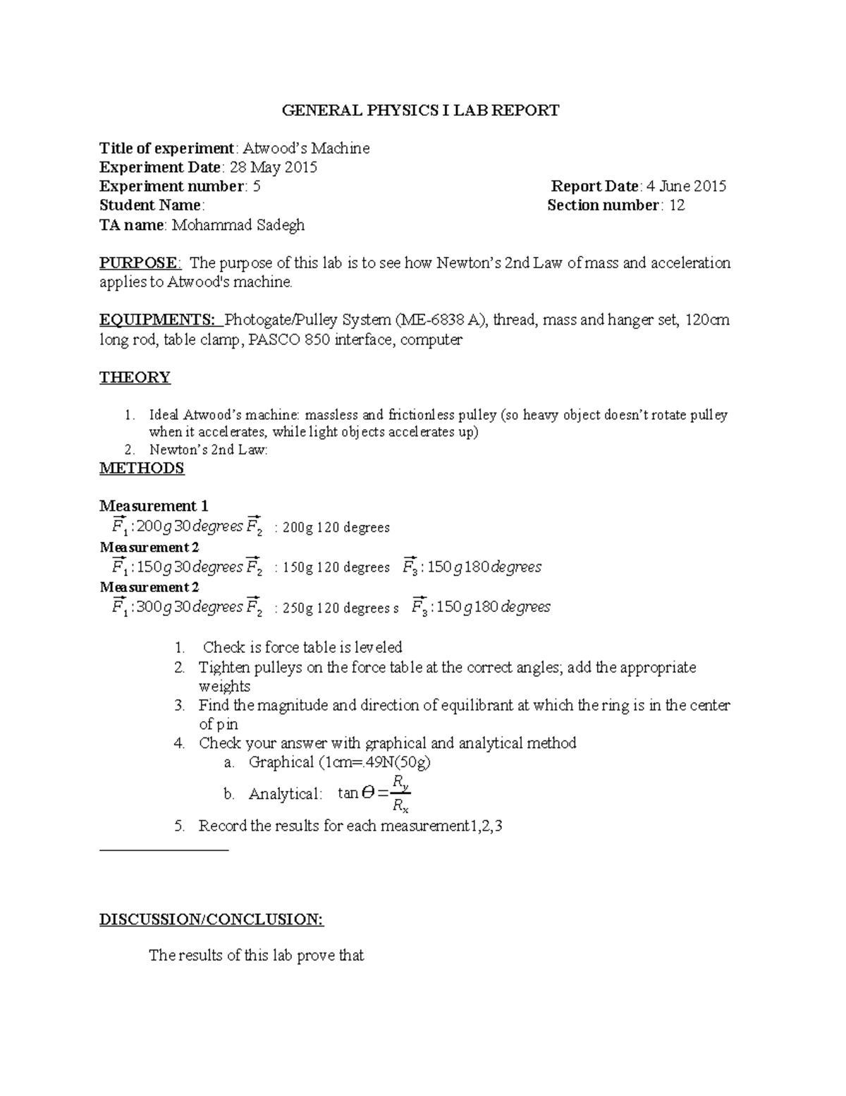 General Physics I LAB Report - GENERAL PHYSICS I LAB REPORT Title of ...