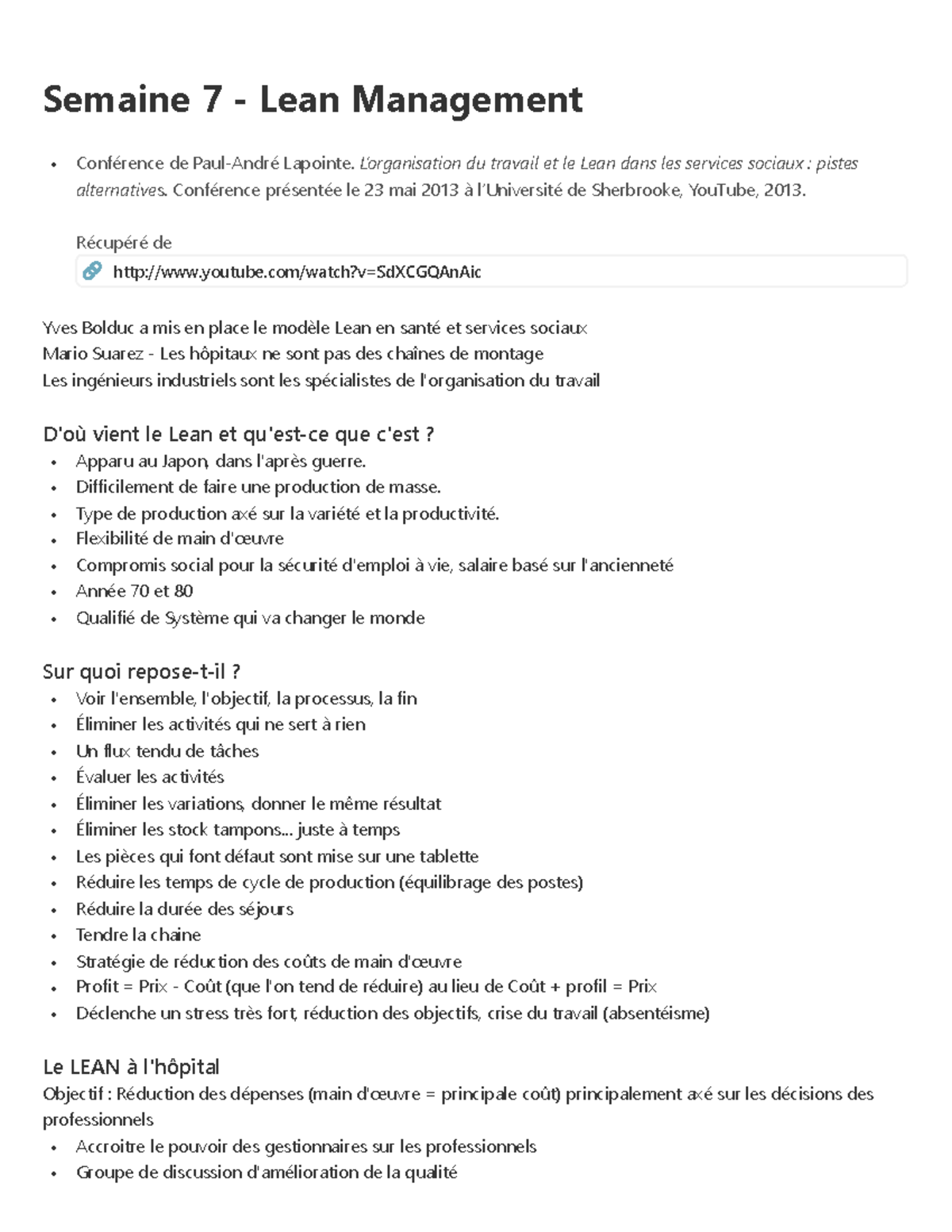 Semaine 7 - Conférence sur le Lean Management en Services Sociaux - Studocu