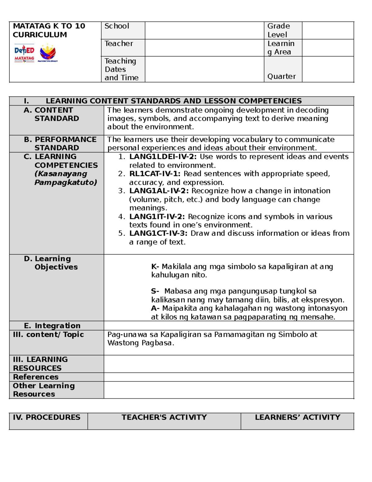 MATATAG K TO 10 CURRICULUM: Lesson Plan for Grade 1 Environment - Studocu